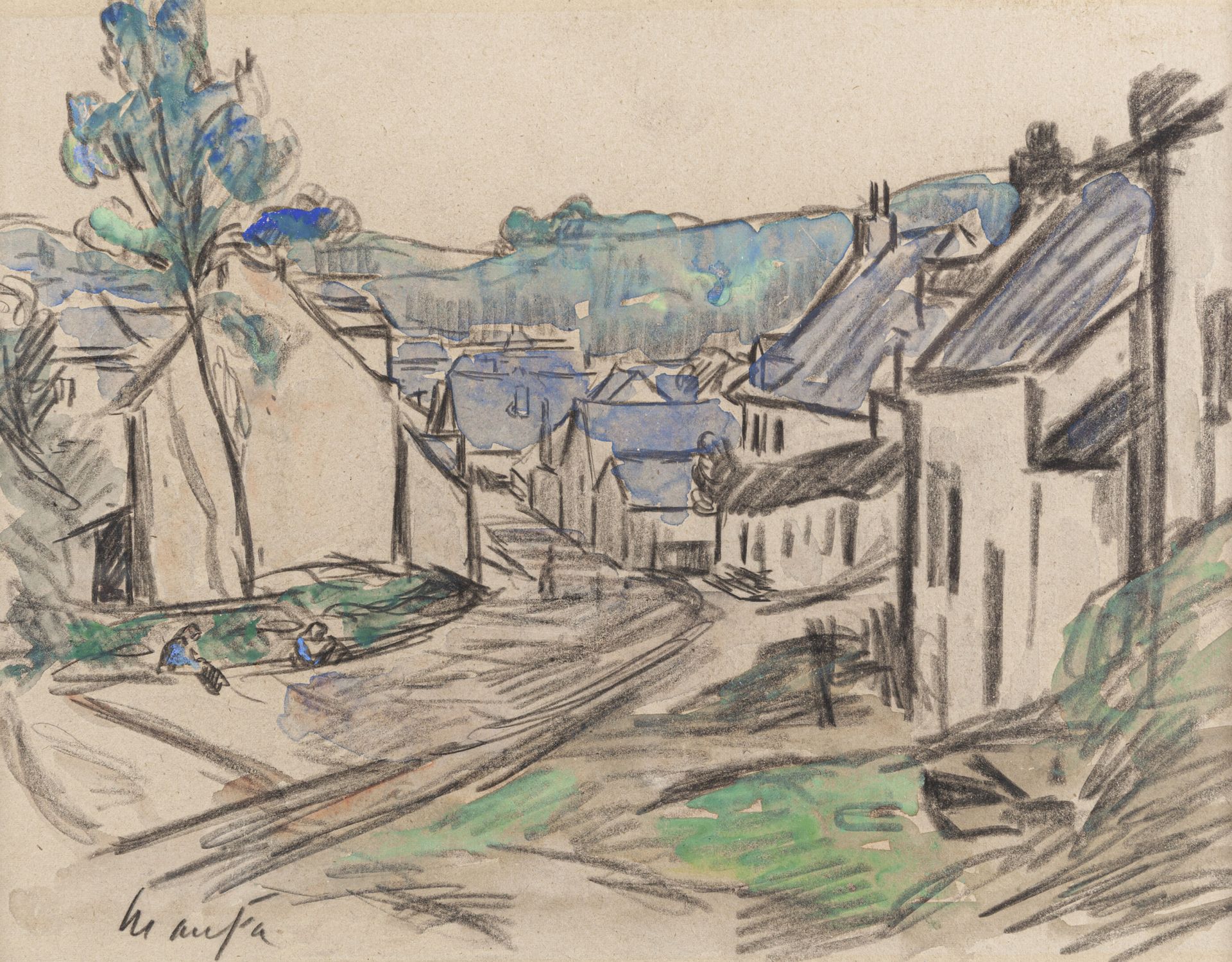 Attribué à Maxime MAUFRA (1861 1918) 
Rue en Bretagne 
Fusain et aquarelle, sign&hellip;