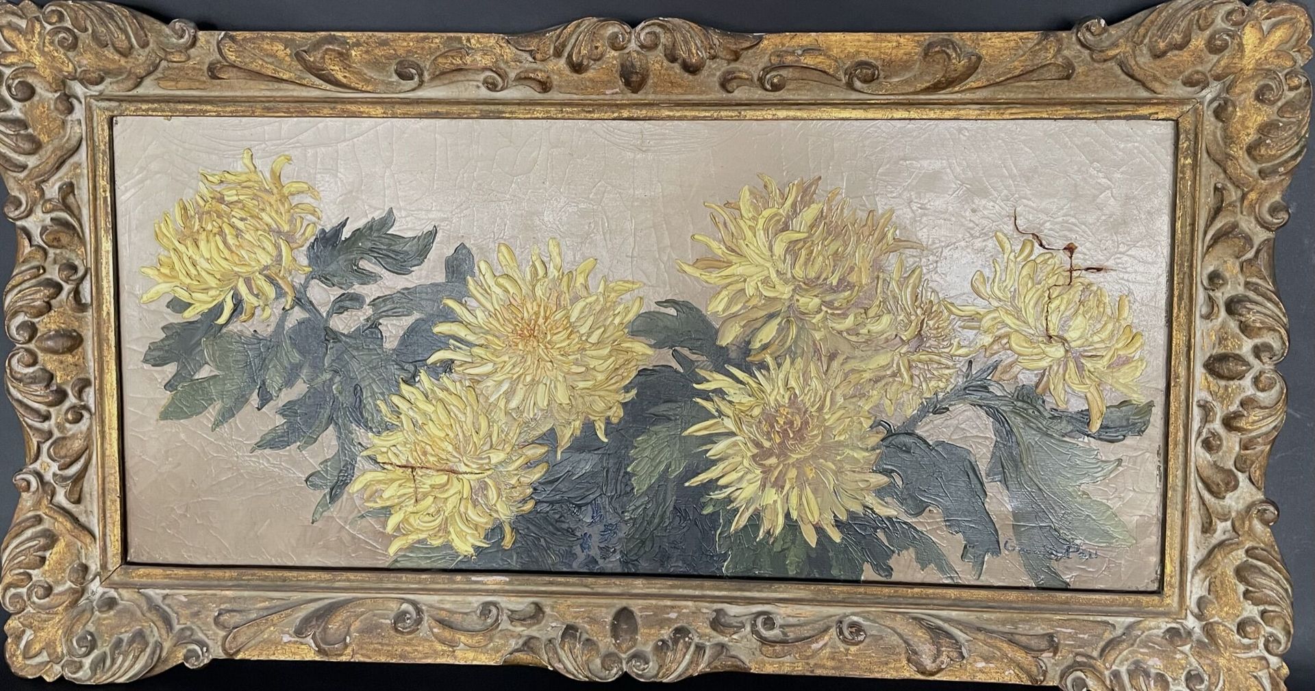 Null 乔治-帕乌（20世纪）

"大丽花"。

布面油画。

右下方有签名。

H.45厘米 - 宽87.5厘米

画布的损坏和修复。