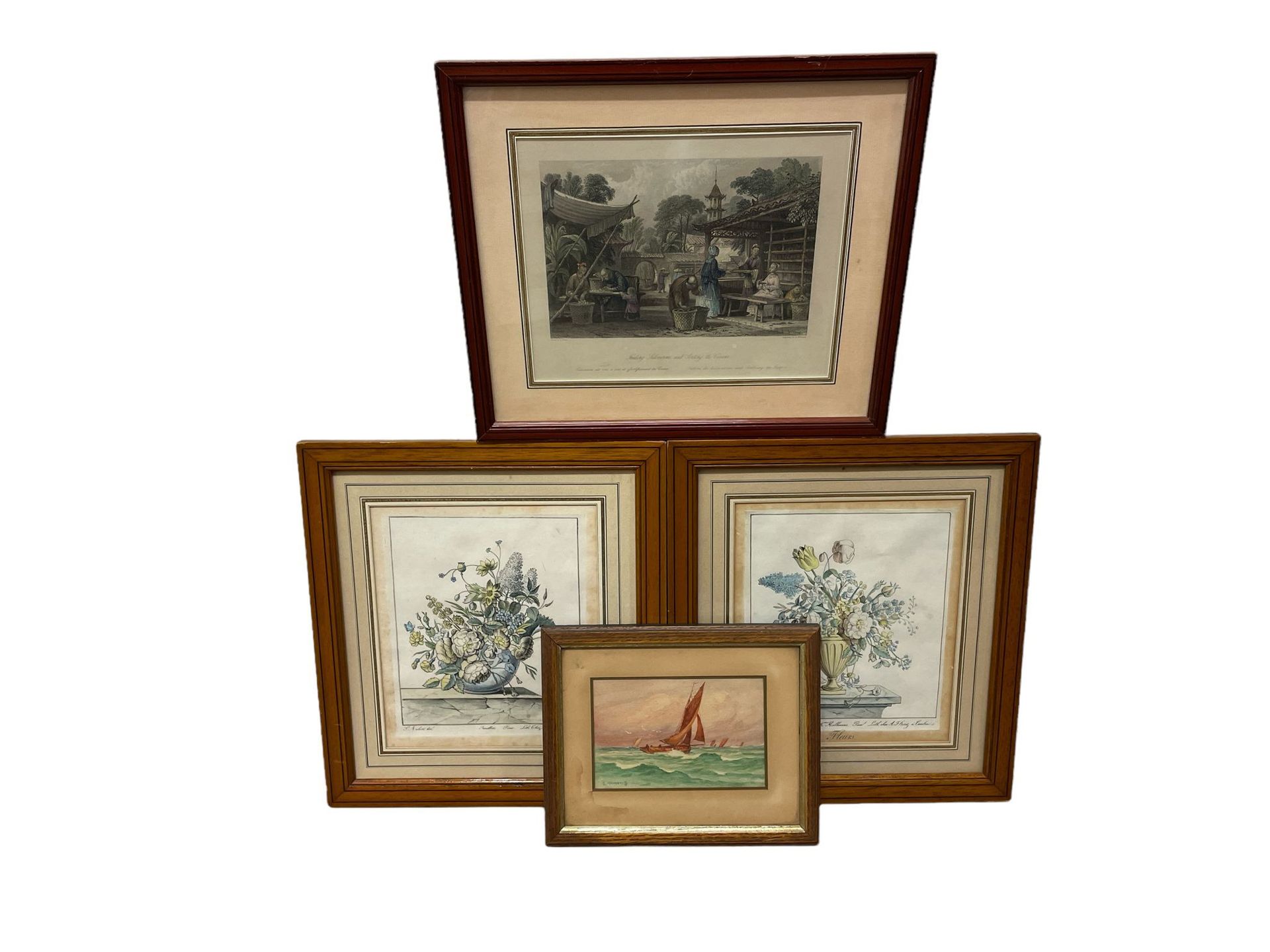 Null Four framed pieces: 

- "Boat at sea", watercolor. Signed. 20th century.

-&hellip;