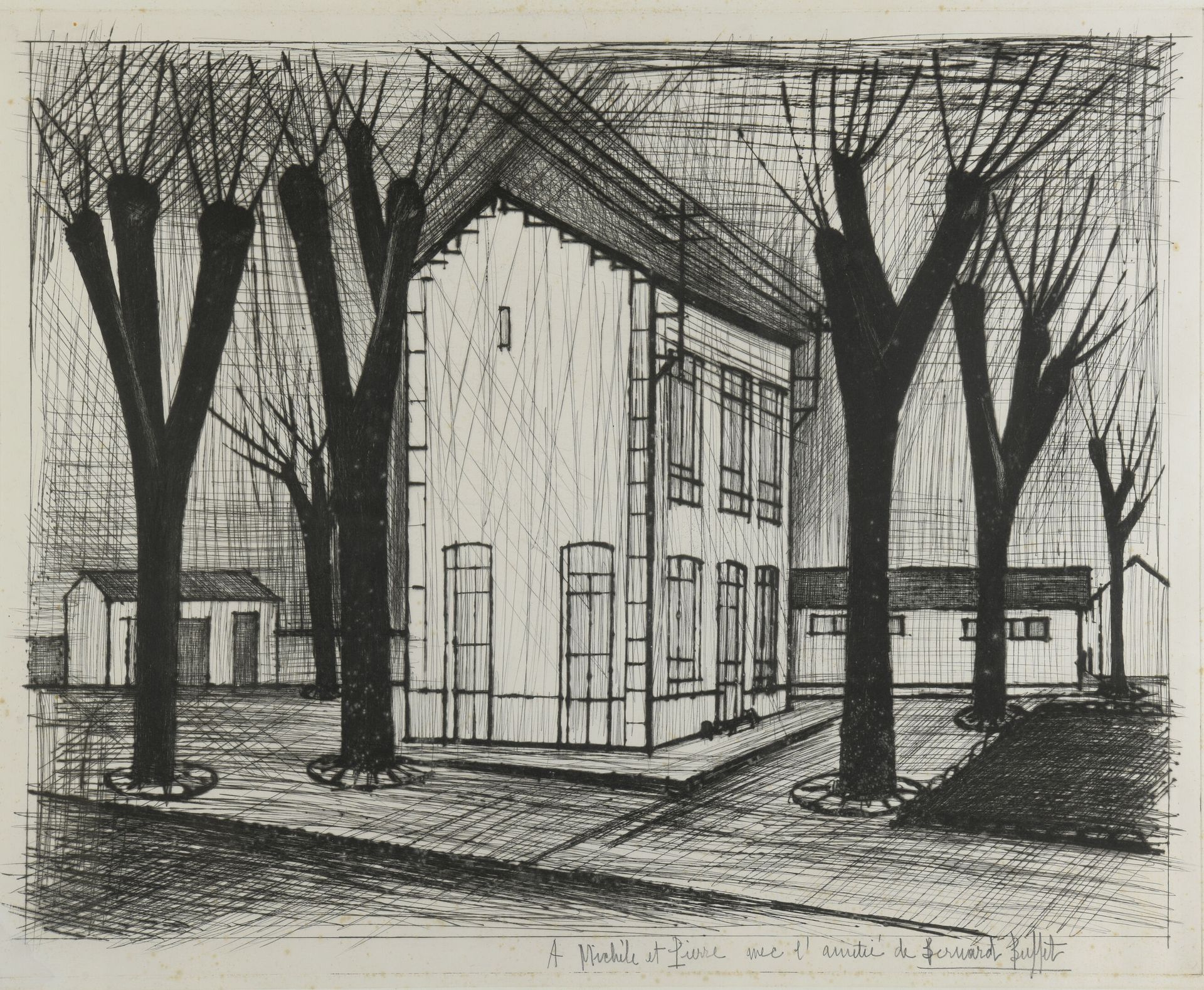 Null 伯纳德-布菲特(1928-1999)

学校, 1953年

干版画，右下角有签名并注明 "以伯纳德-巴菲特的友谊献给米歇尔和皮埃尔"。

出版商：亨&hellip;