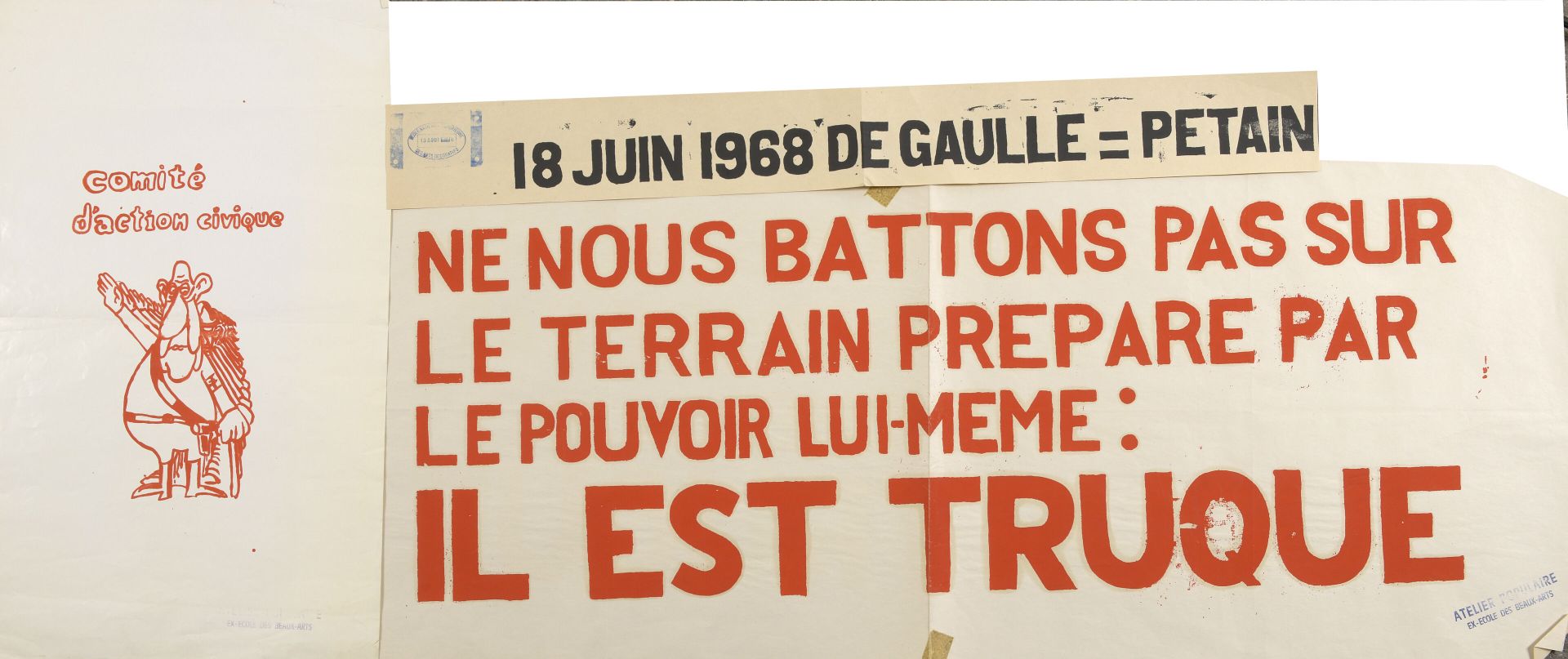 Null [1968年5月的海报]

三张海报或横幅的会议 :

前艺术学院的大众工作室

我们不要在权力本身准备的地面上战斗：这是假的。

橙色丝印，右下角有&hellip;