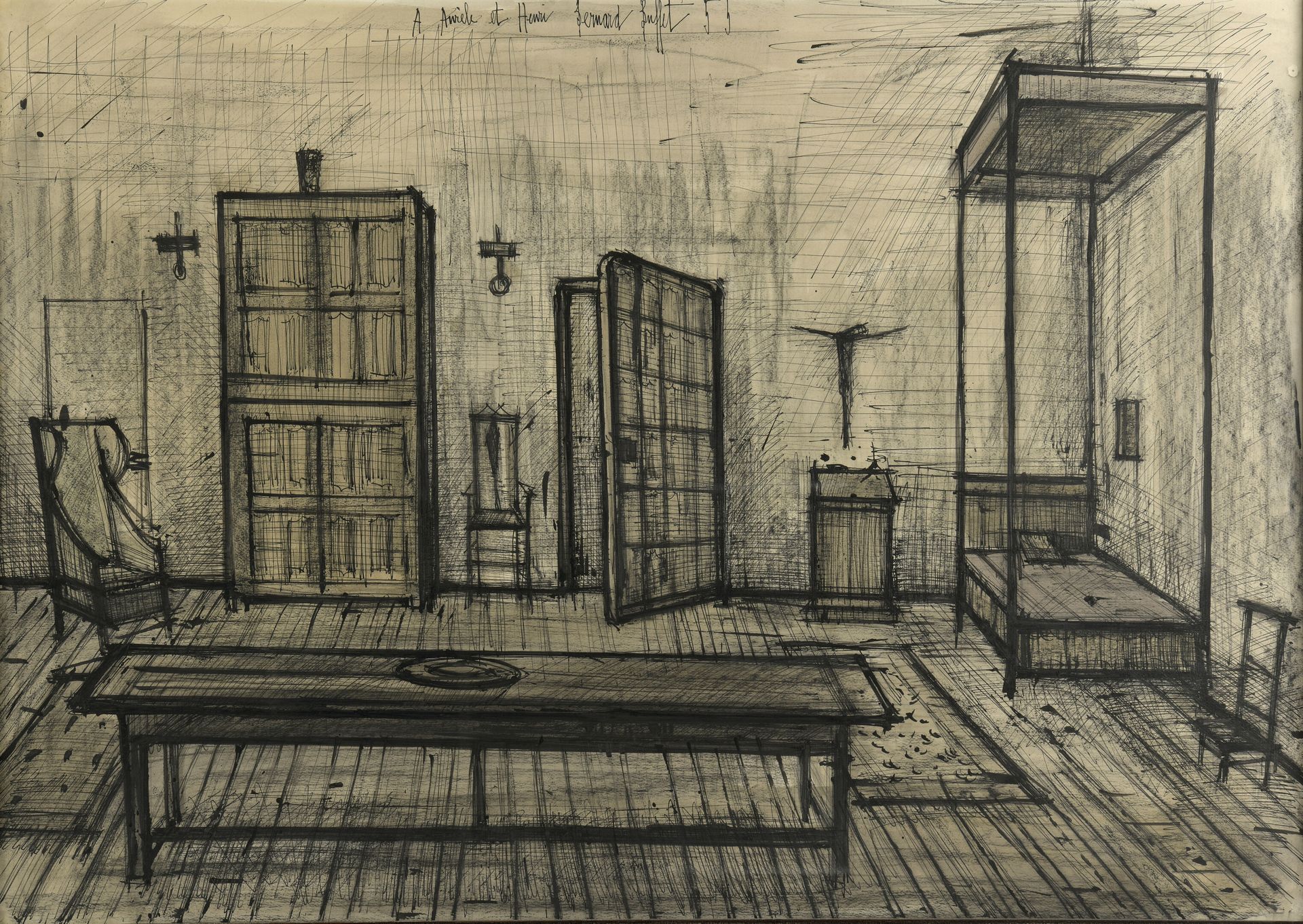 Null 伯纳德-布菲特(1928-1999)

哥特式房间，斯邦提尼别墅，巴黎，1955年

水墨（钢笔）和炭笔画，已签名，献给 "Aurèle和Henri"&hellip;
