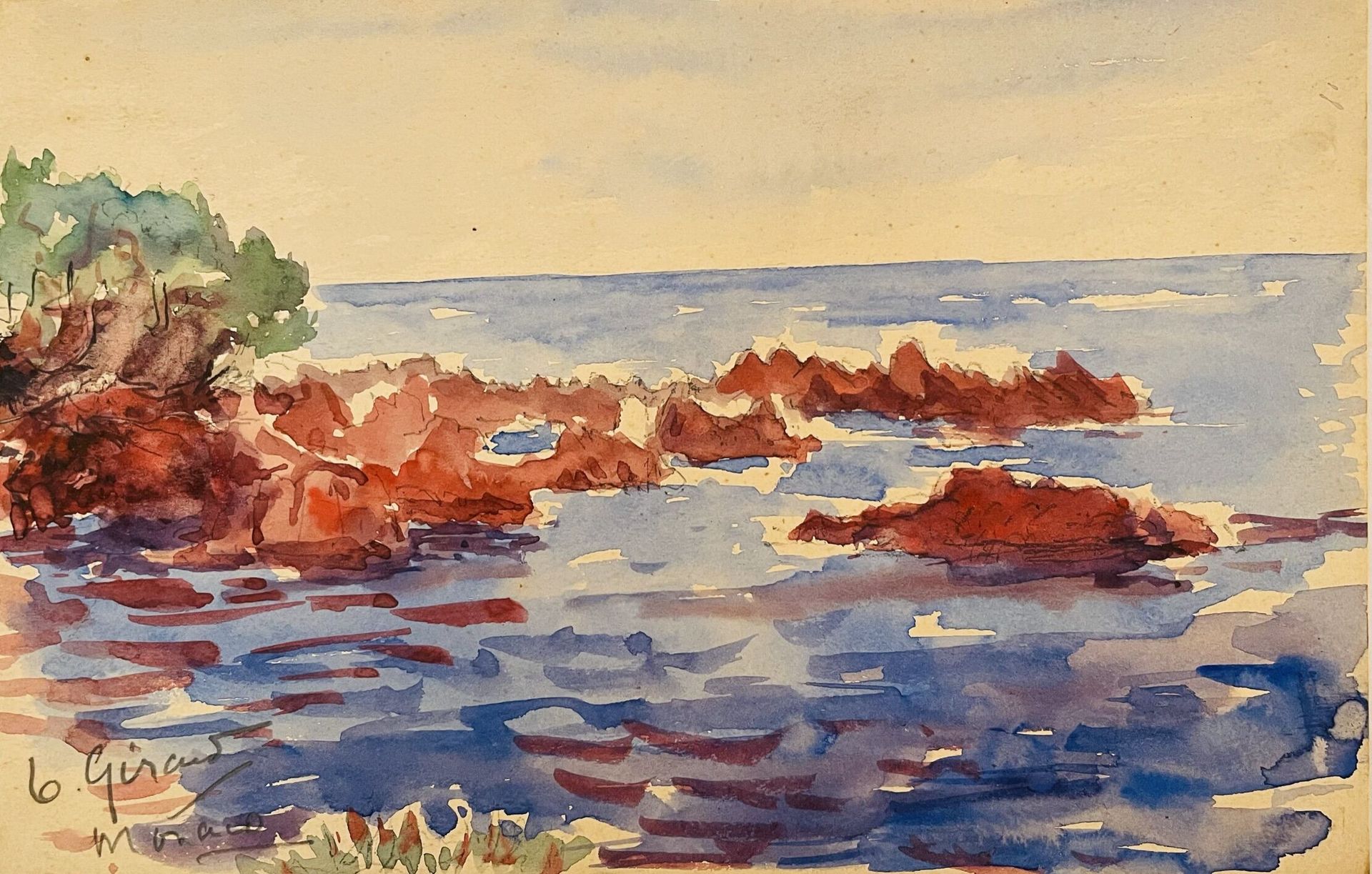Null 四幅水彩画，包括：:

法国学校，20世纪上半叶

"海边的岩石"。

纸上水彩和铅笔。

左下方有签名："B.吉劳德（？）"。

位于摩纳哥。

H&hellip;