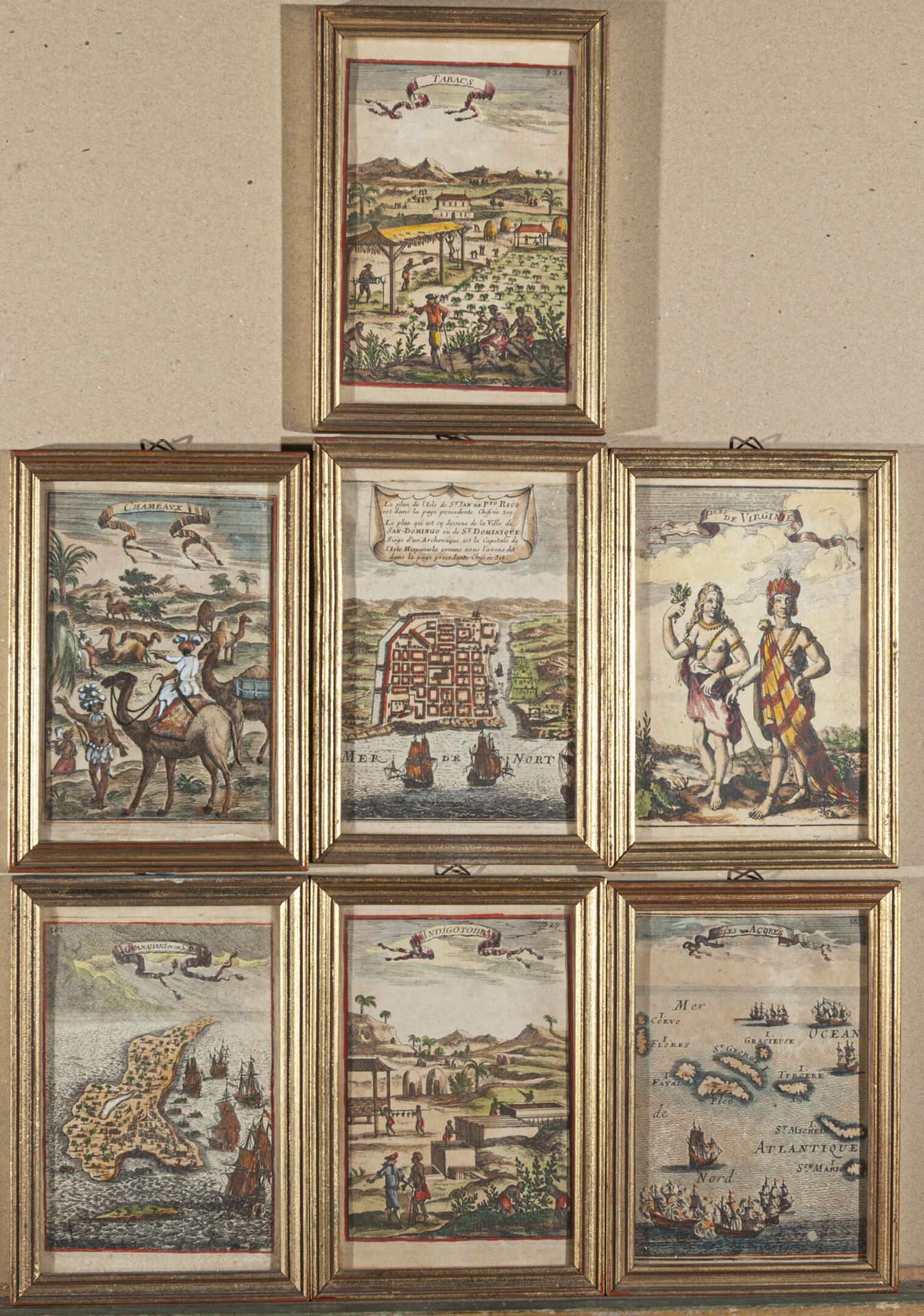 Null 17世纪晚期

美洲

七幅小型有框版画套装

现代色彩

H.15.5厘米，宽10厘米左右。