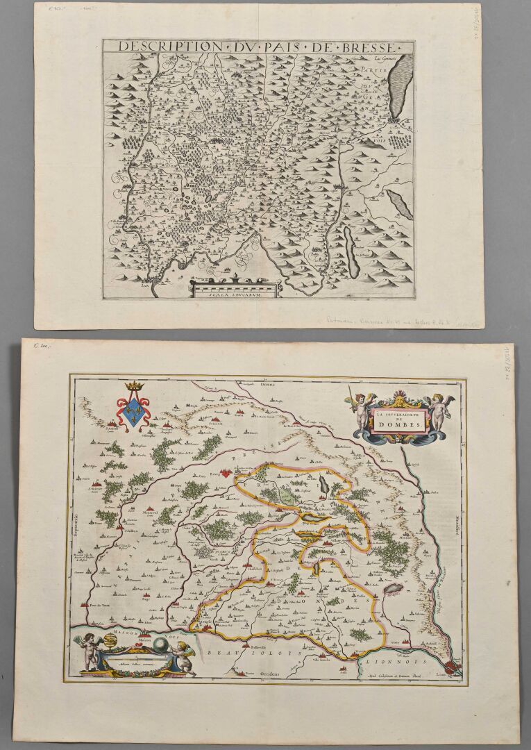 Null DOMBES - Blaeu地图 - 17世纪

铜版画。

德文版纸上的样张。

旧的颜色。

纸张：49 x 62厘米。 交流

附：布雷斯国家地&hellip;