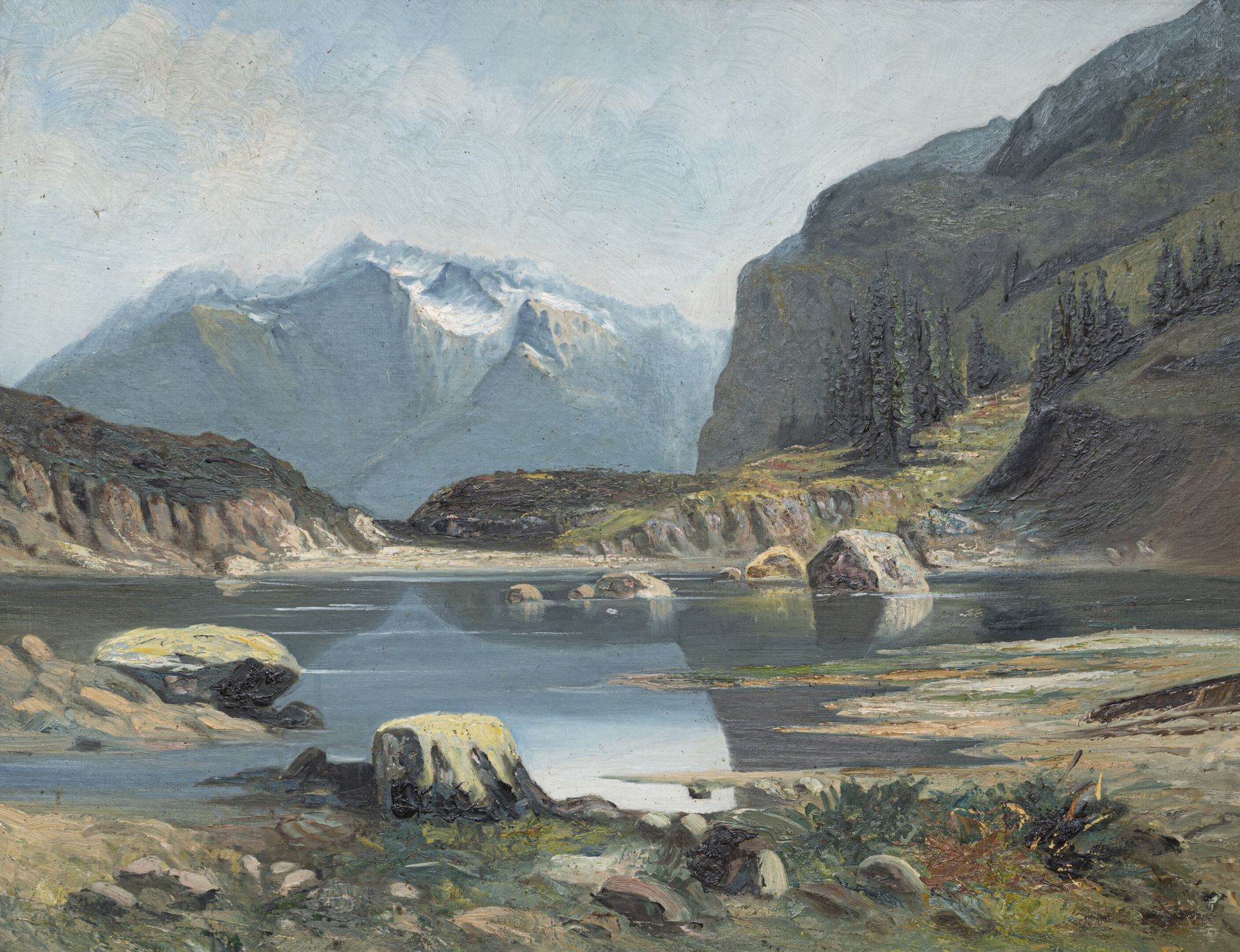 Null École Française du XXe siècle 
Lac de montagne
Huile sur toile
H. 89 cm L. &hellip;