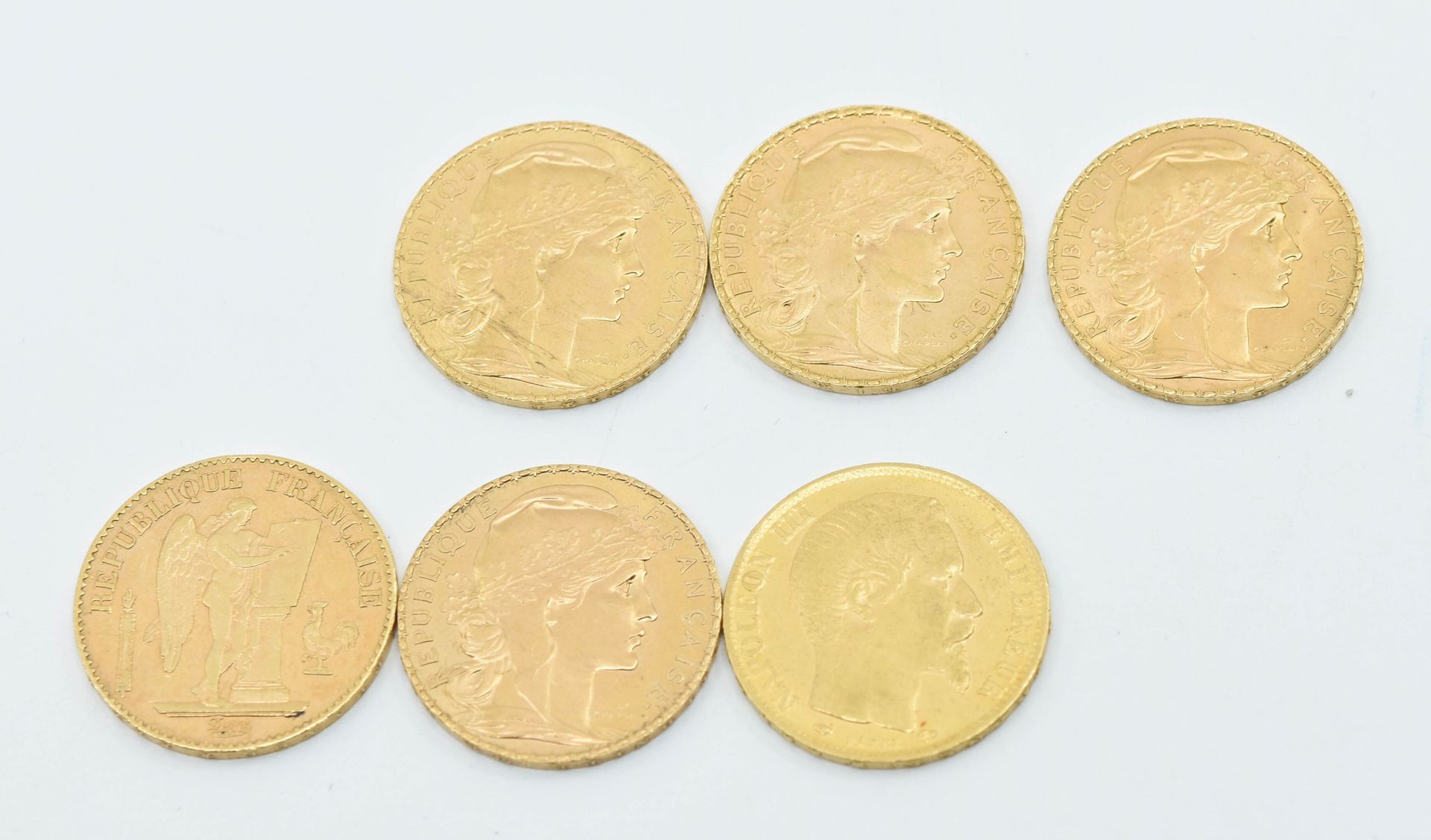 Null FRANCE
Set of six 20 francs gold coins:
- NAPOLEON III bareheaded, 1855 A
-&hellip;