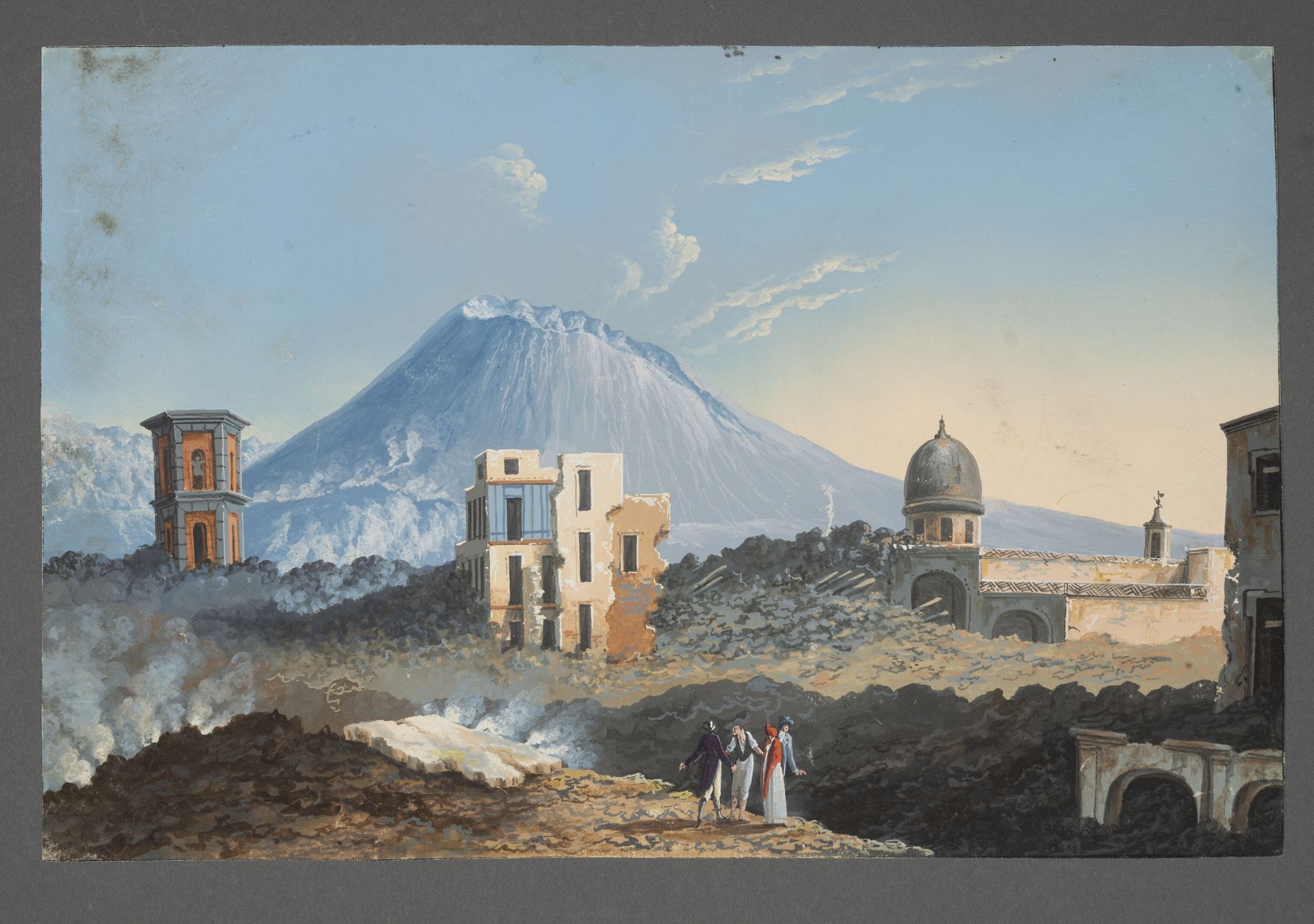 Null 意大利学校，19世纪初
维苏威火山景观 
水粉画
床单：高26厘米，长41.2厘米。
有些磨损和污渍