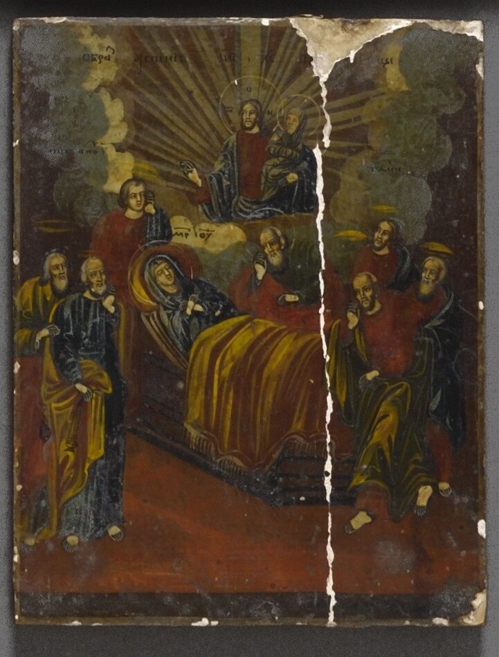 Null Icon of the Dormition of the Virgin. 
Tempera on wood. Missing and cracked &hellip;