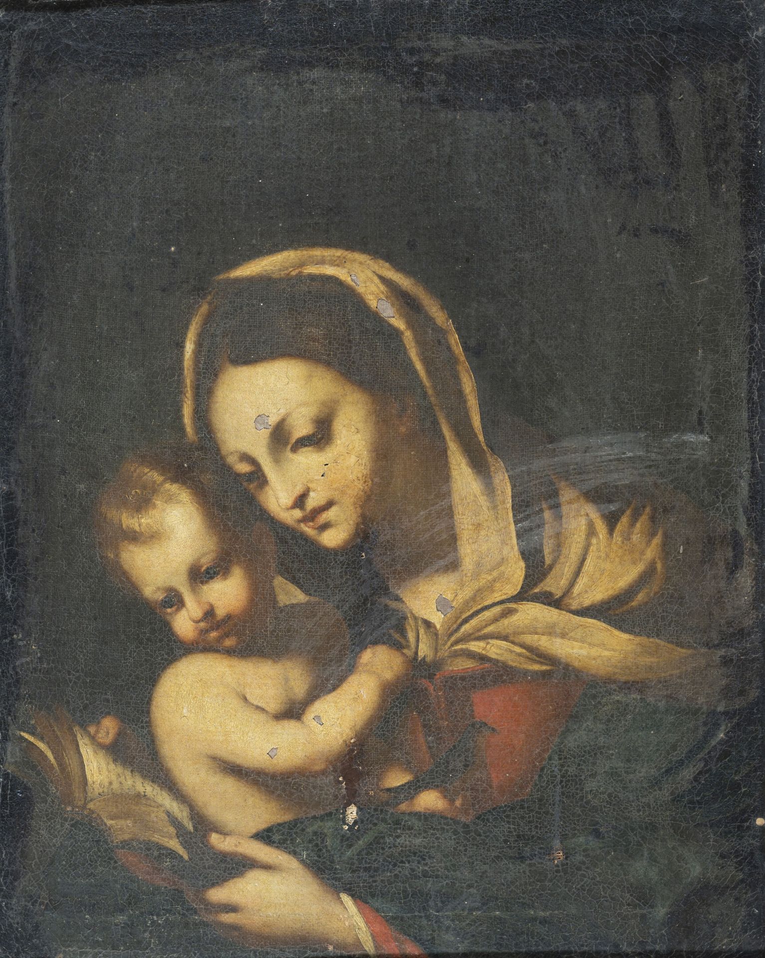 Null 18世纪的意大利学校
圣母与圣婴
布面油画 
H.44厘米宽、34.2厘米高VS
修复，缺失的部分