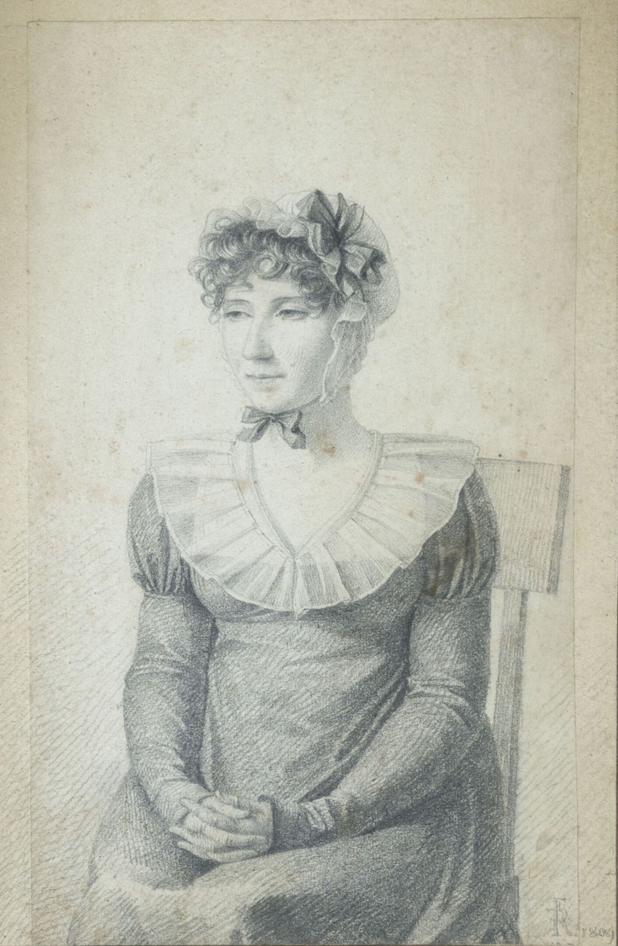 Null 19世纪初的法国学校
戴着花边帽子的坐着的女人的肖像
黑色铅笔，右下方有 "FR "字样和1809年的日期 
H.18.5厘米 - 宽12厘米（视线）&hellip;