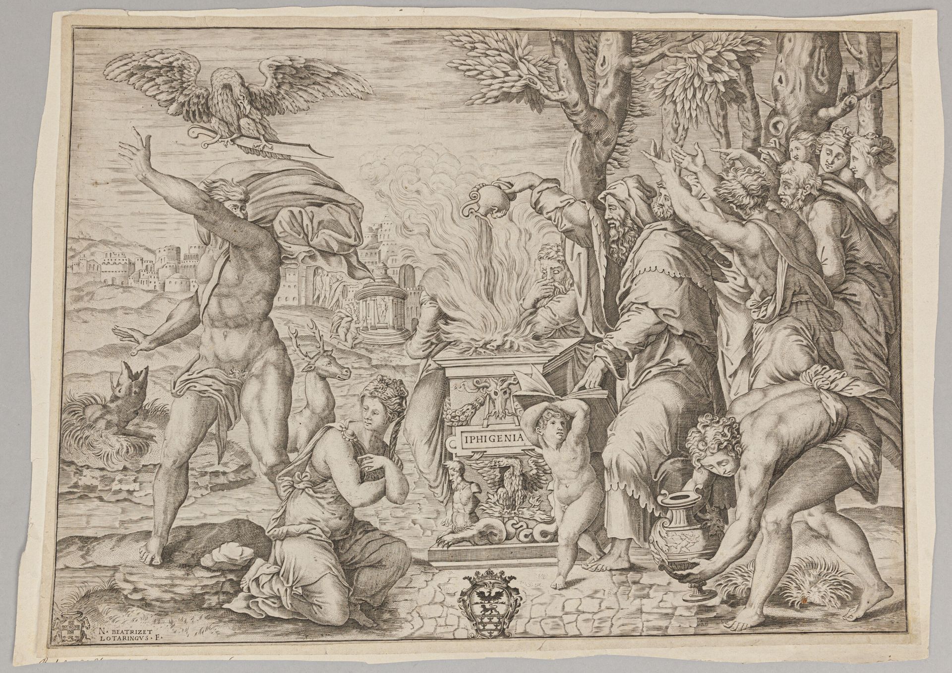 Null 尼古拉-贝特里泽 (1507/15-c.1570)
伊菲吉妮亚的祭祀
Bartsch 43
铜版纸上的良好样张，经过修饰，剪裁稍稍超出了取景线。
H.&hellip;