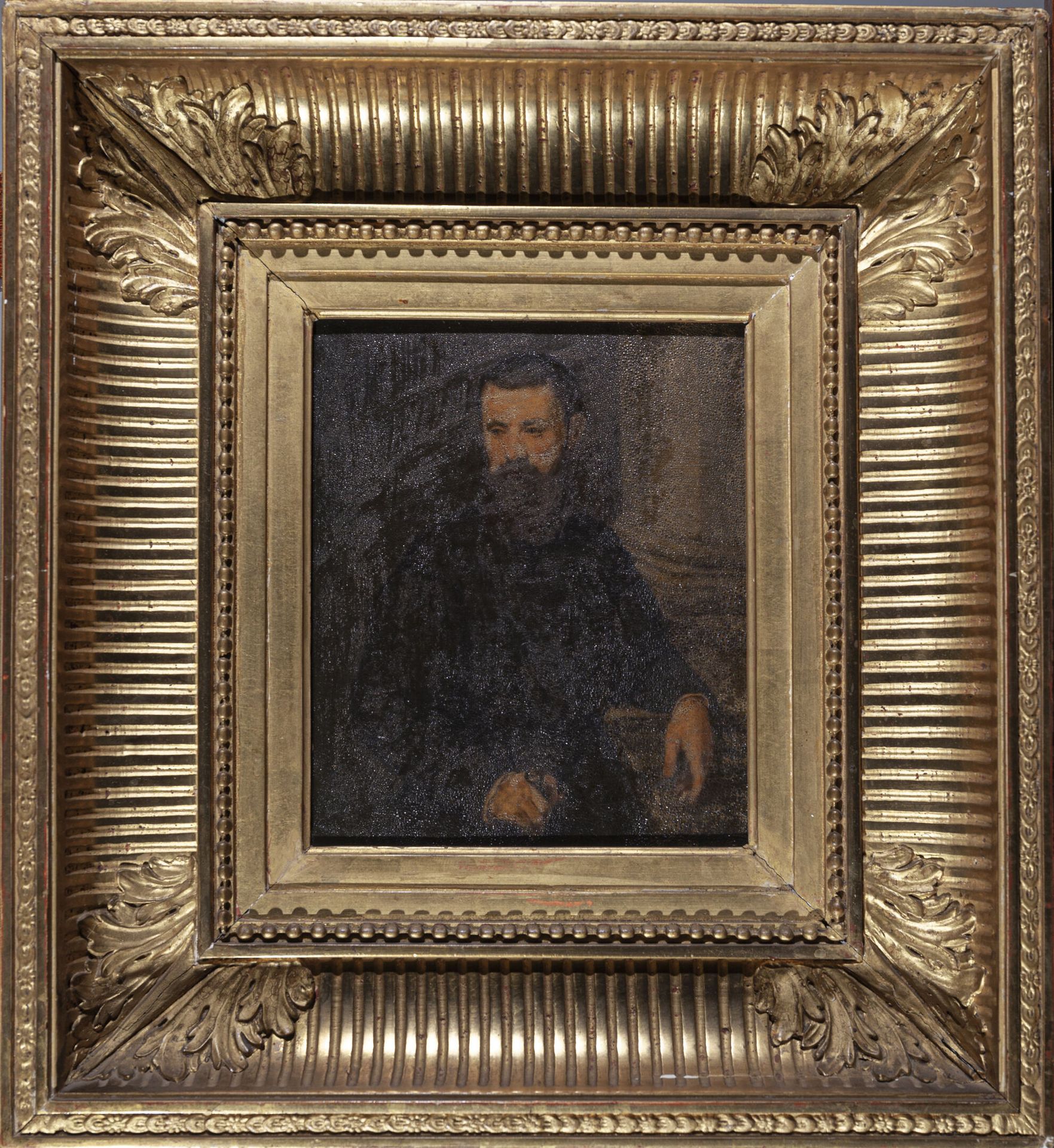 Null 19世纪法国学校，在意大利文艺复兴之后
一位绅士的肖像
金属上的油彩
H.21 cm - W. 17 cm HVS
凹槽式框架