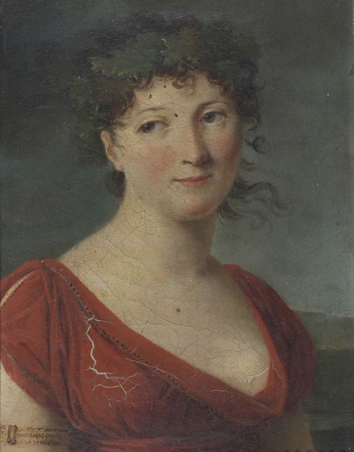 Null 19世纪初的法国学校
穿着红色连衣裙、戴着藤叶皇冠的年轻女子的画像
布面油画
H.22 cm - W. 16 cm HVS
帆布背面标有供应商BELO&hellip;