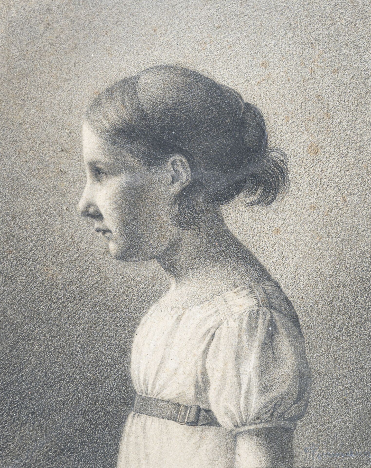 Null 汉斯-雅各布-奥里（1782-1868）的周围环境
穿着白色连衣裙的年轻女孩的侧面画像
黑色铅笔，树桩和白色高光，右下方有 "Herrmann "的题&hellip;