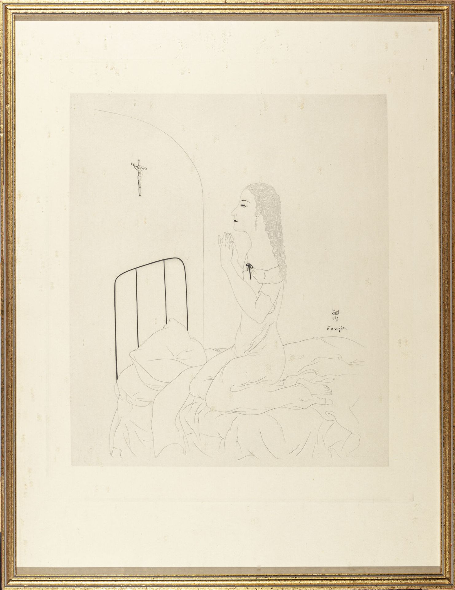 Null 在津轻福田（1886-1968）之后
年轻女孩在祈祷
牛皮纸上的雕刻。雕刻的签名 
H.30厘米长，26厘米交流
H.45.5厘米 长：34.5厘米