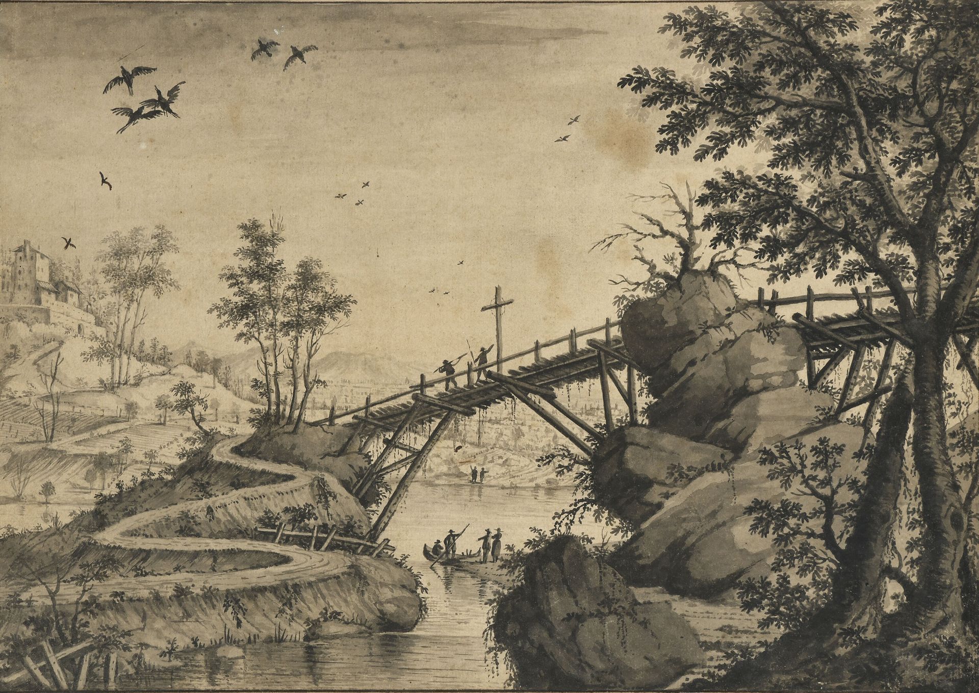 Null École FRANÇAISE vers 1800
Paysage animé au pont de bois 
Lavis gris sur tra&hellip;