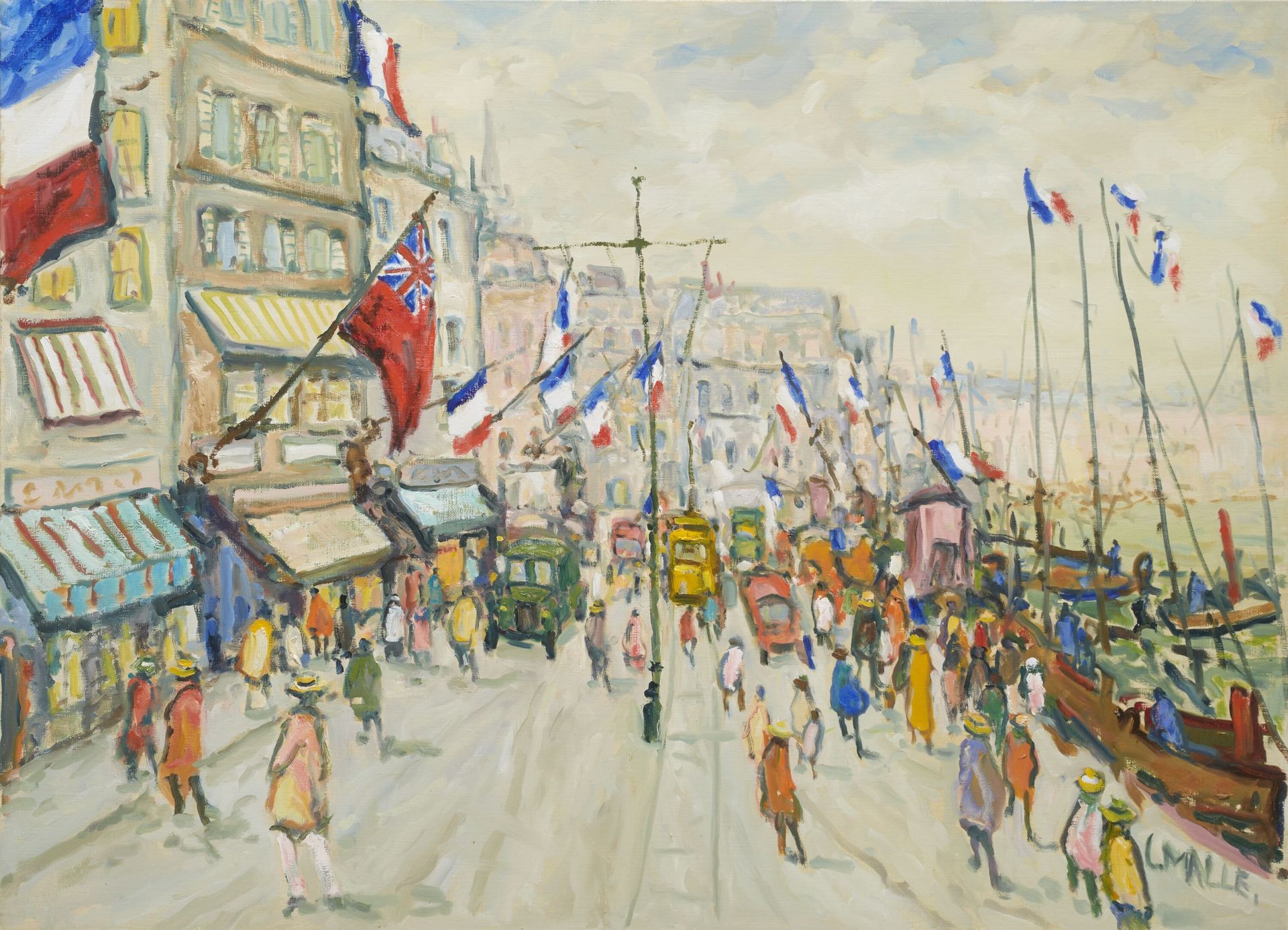 Null 查尔斯-马勒（生于1935年）
7月14日在港口
布面油画，右下角有签名，背面有会签、标题和献词
H.73 cm - H. 100 cm