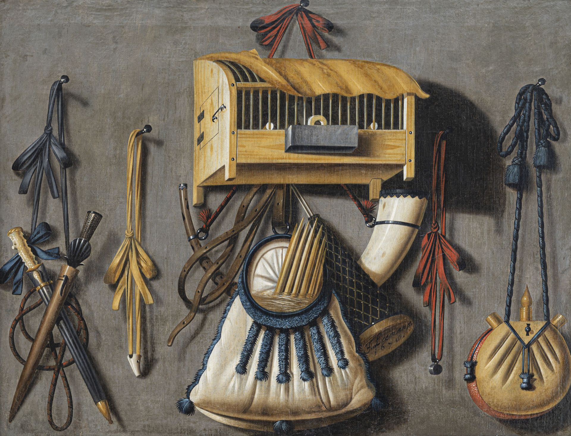 Null Johannes LEEMANS (Den Haag 1633 - 1688)
Trompe l'oeil mit Jagdinstrumenten
&hellip;