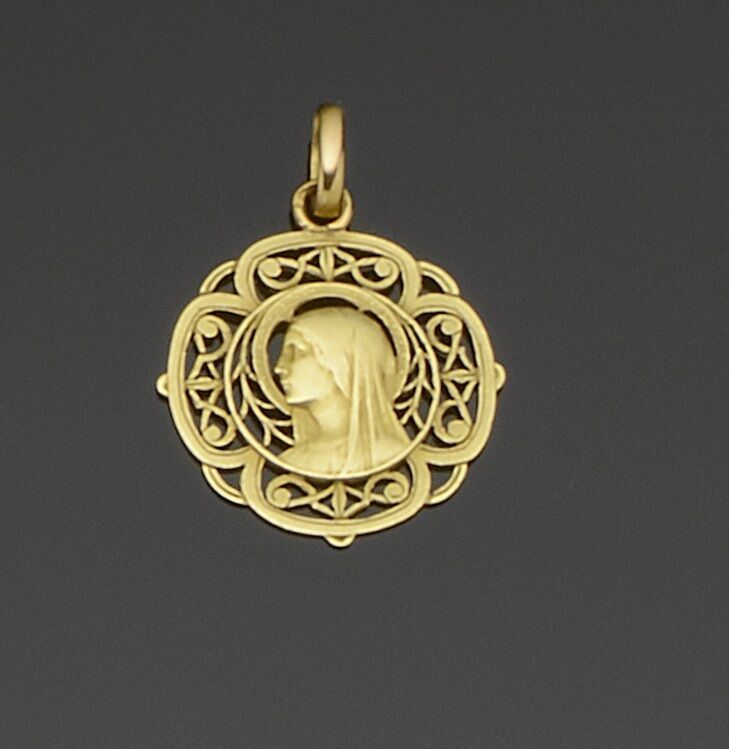 Null Médaille religieuse en or jaune 18K (750‰) de forme ronde polylobée à décor&hellip;