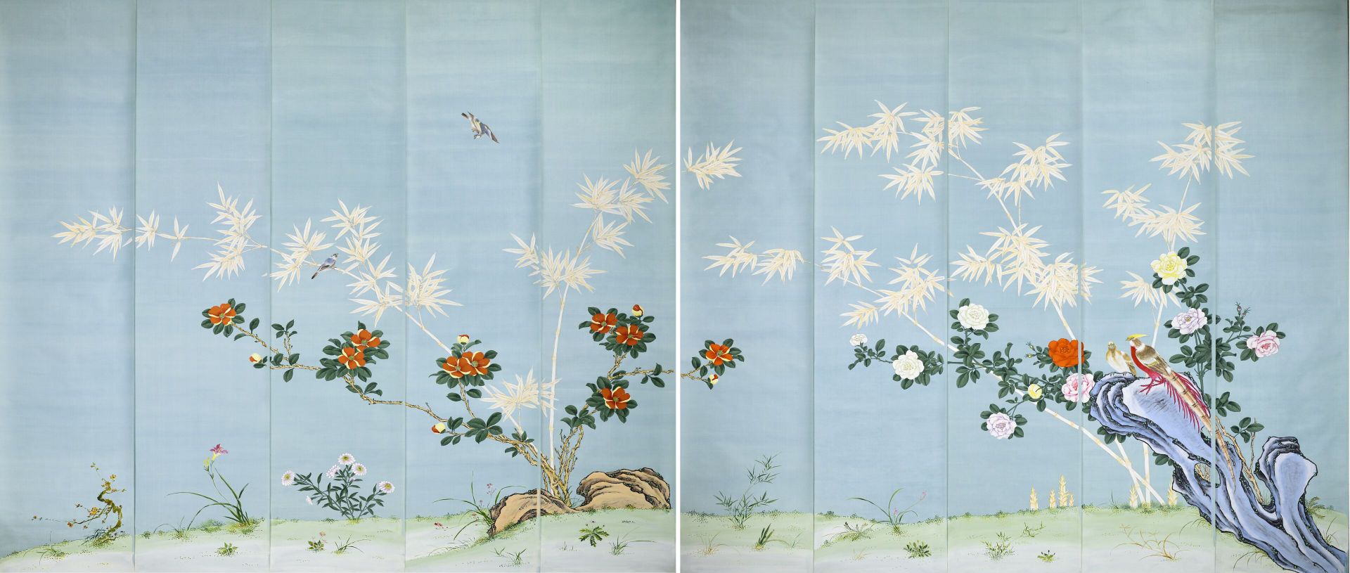 Null Important décor en soie peinte, Chine, vers 1960-1970, taffetas vert clair &hellip;