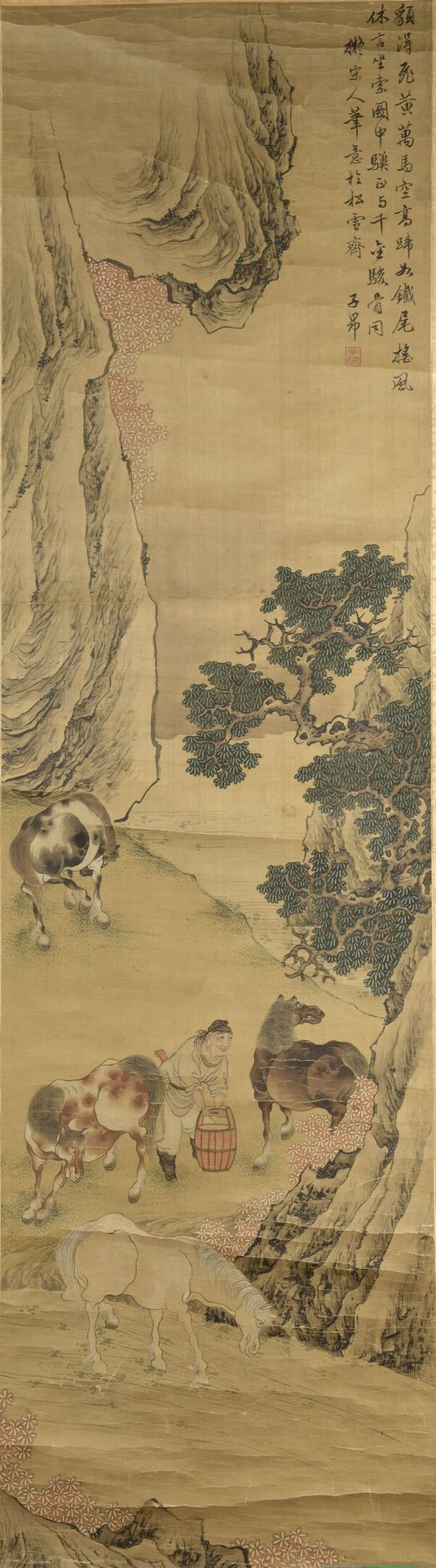 Null 一套四幅画，中国，20世纪
水墨和色彩在丝绸上，垂直卷装，每幅画都表现了代表四季之一的风景中的马匹和马夫，顶部有题词，署名子昂并盖章。弯曲的
H.14&hellip;
