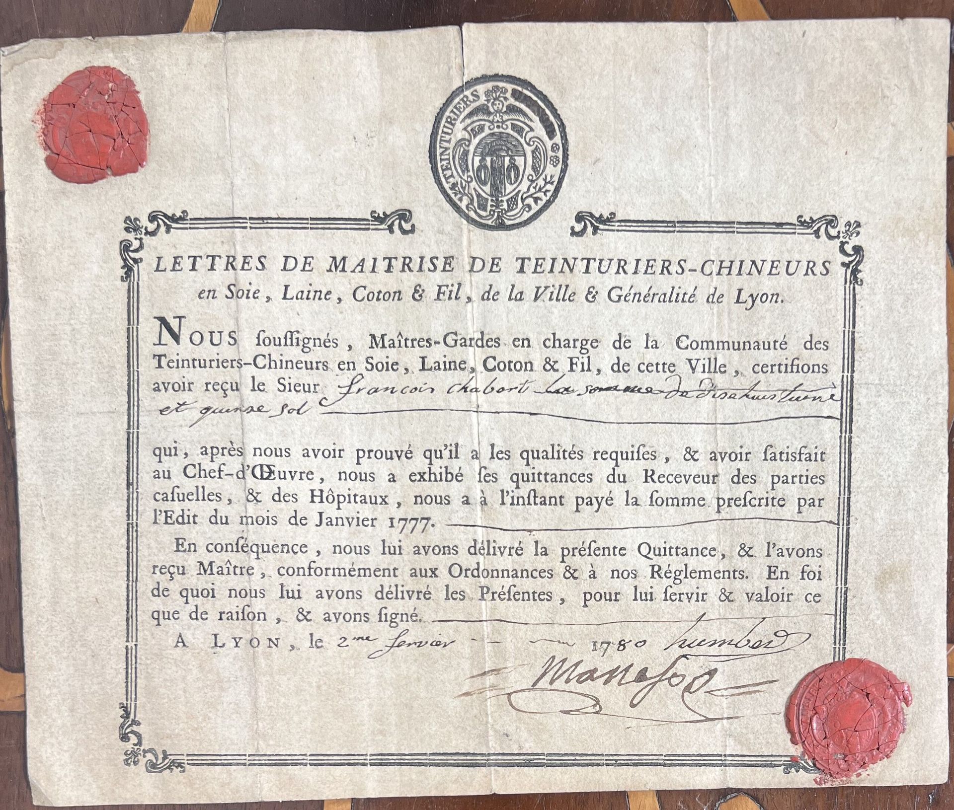Null Lettres de Maitrise de teintur-chineurs en soie, laine, coton & fils, de la&hellip;