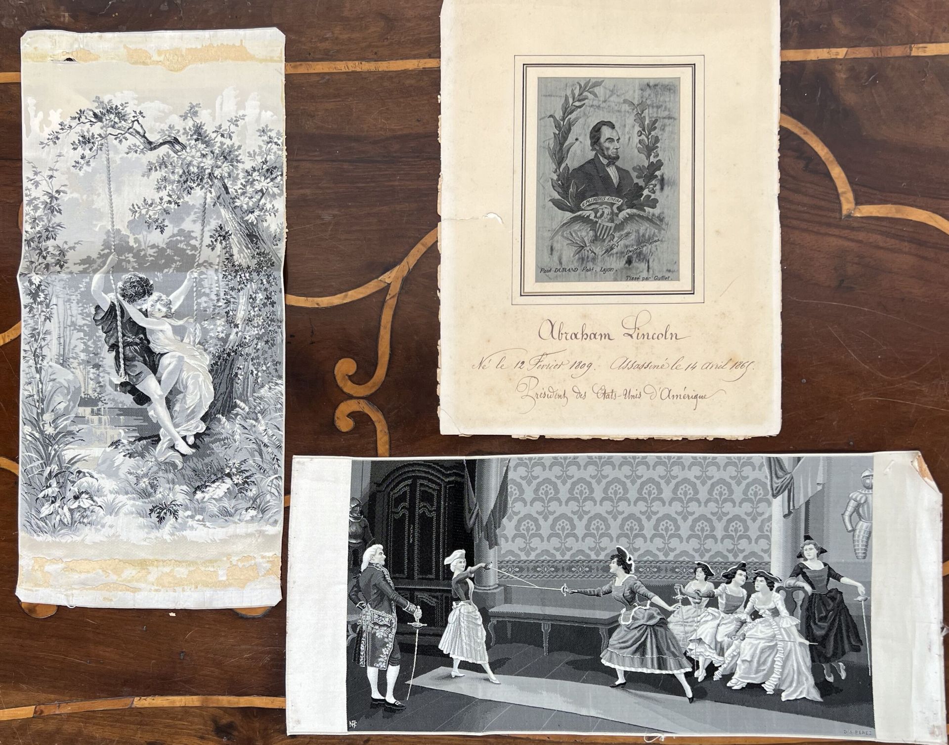 Null 编织画，1865 年和 20 世纪早期、 
亚伯拉罕-林肯的肖像，1865 年由 Guillet 在里昂用灰钉编织而成（略有磨损），13.5 x 9.&hellip;