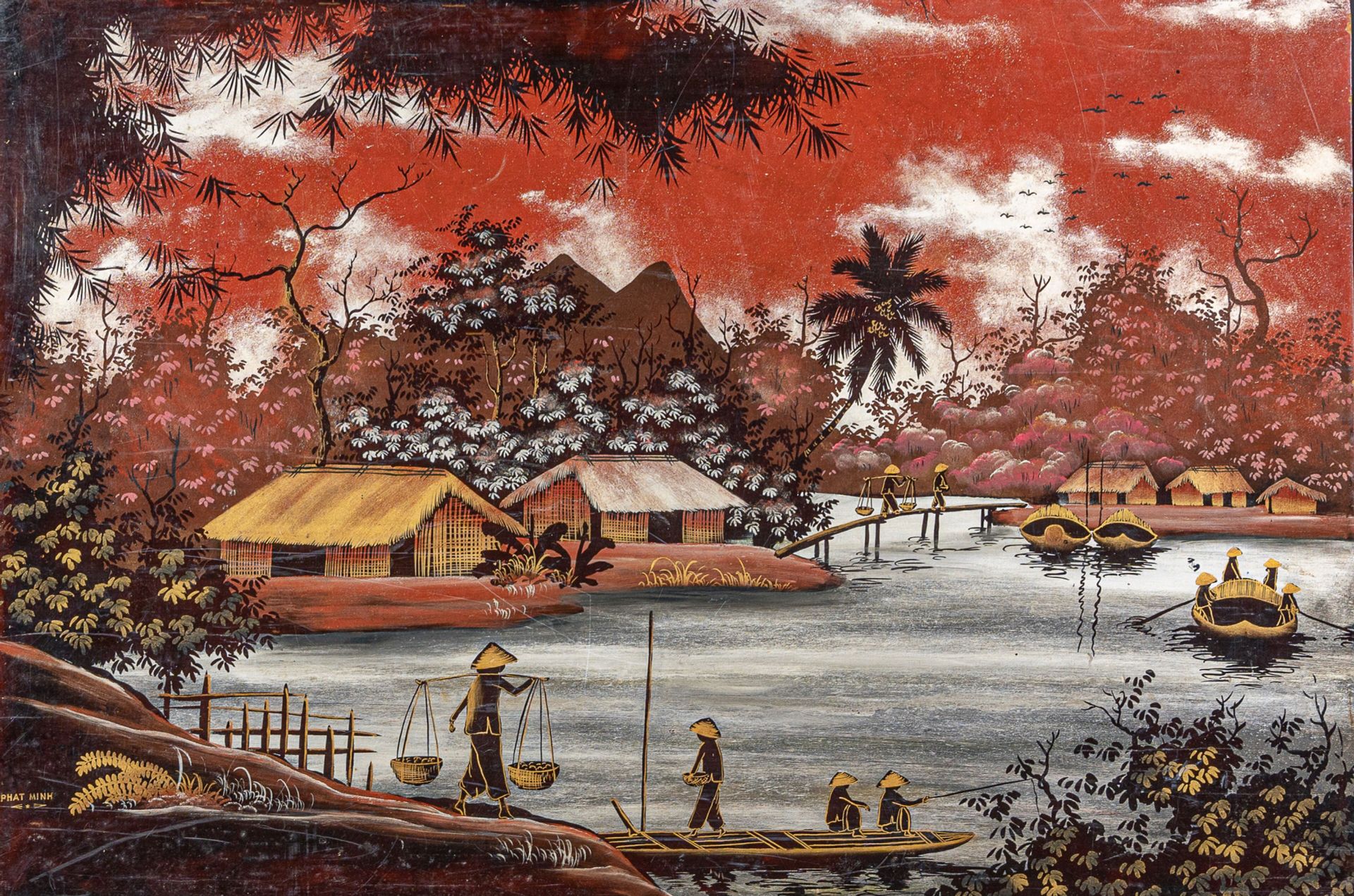 Null 法明
多色漆木板，印度支那/越南，20 世纪
装饰有河流景观，展现了水边的房屋、船只和劳作的人们，左下方有签名。表面有磨损和划痕
H.41 厘米 - &hellip;