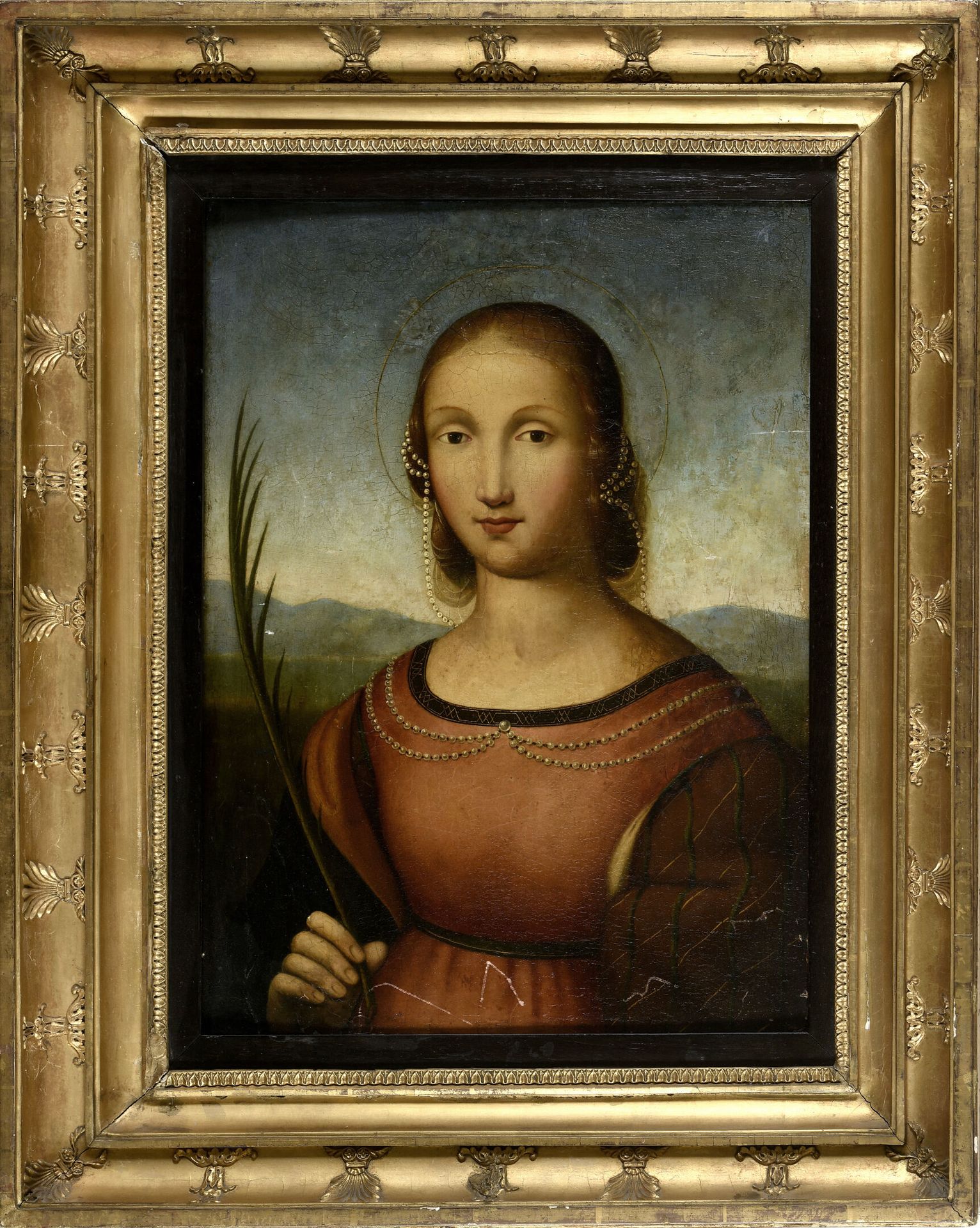 Null 拉斐尔风格 
手持殉道者手掌的女士肖像
白杨木板，带两个横板 
H.56 厘米 - 44 厘米 ET
旧修复