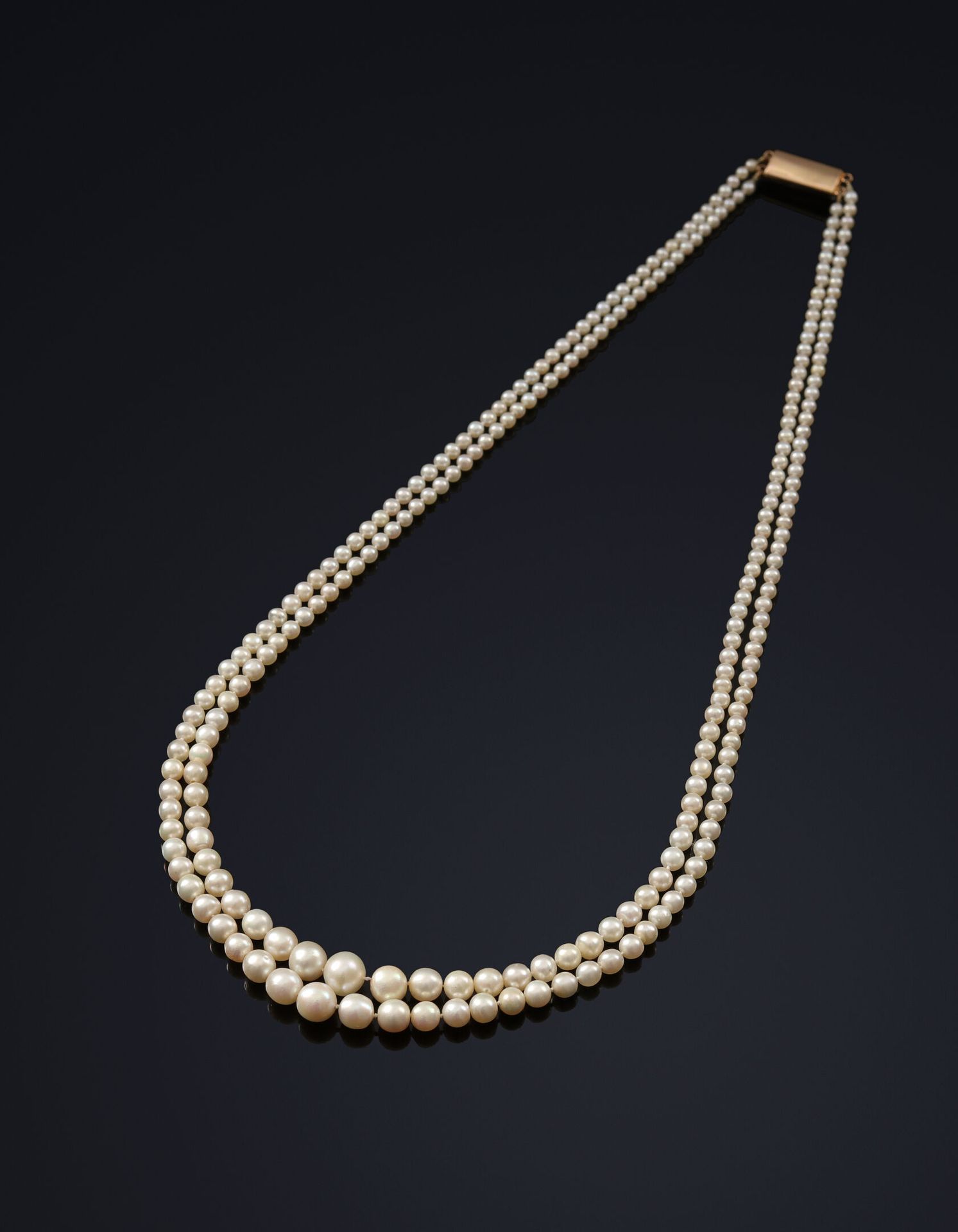 Null 项链由两排 146 颗和 148 颗细珍珠组成，呈水滴形；18K（千分之 750）黄金搭扣。 
长：53 和 55 厘米 
珍珠直径：2.9 至 8.&hellip;