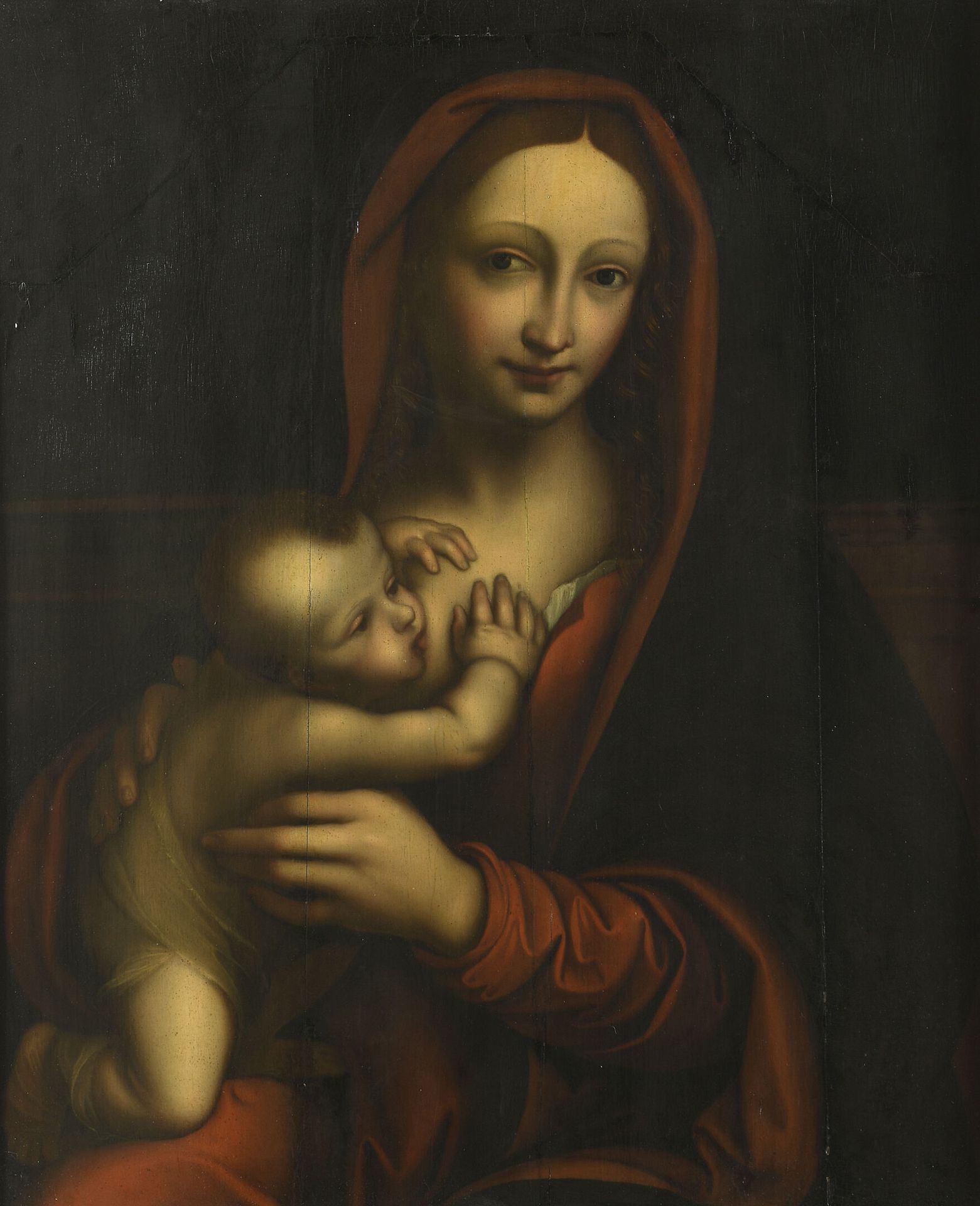 Null 17 世纪弗拉芒画派，詹皮埃特里诺的追随者
圣母与圣婴
镶木地板的橡木面板（顶部有所改动）
H.60 厘米 - 48.5 厘米 ET
旧修复