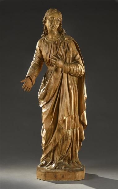 Null Saint personnage Sculpture en bois sculpté H. 89 cm Fente, une main acciden&hellip;