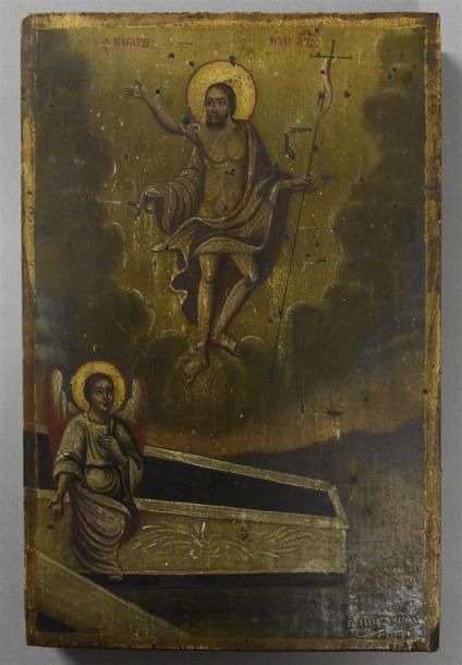 Null GRECE - XIXe siècle La résurrection du Christ avec ange au tombeau Huile su&hellip;