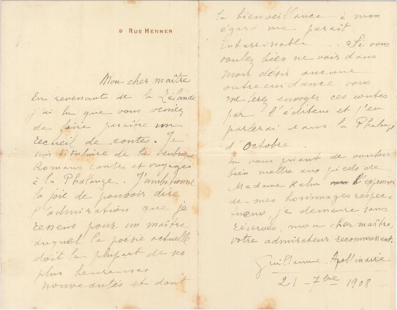 GUILLAUME APOLLINAIRE (1880/1918) Lettre autographe signée à «Mon cher Maître» [&hellip;