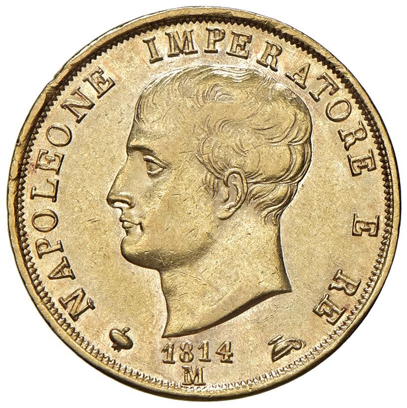 Italian Mints 米兰拿破仑一世（1805-1814）40 里尔 1814 年形尖 - Gig. 82 AU (g 12.90) qSPL