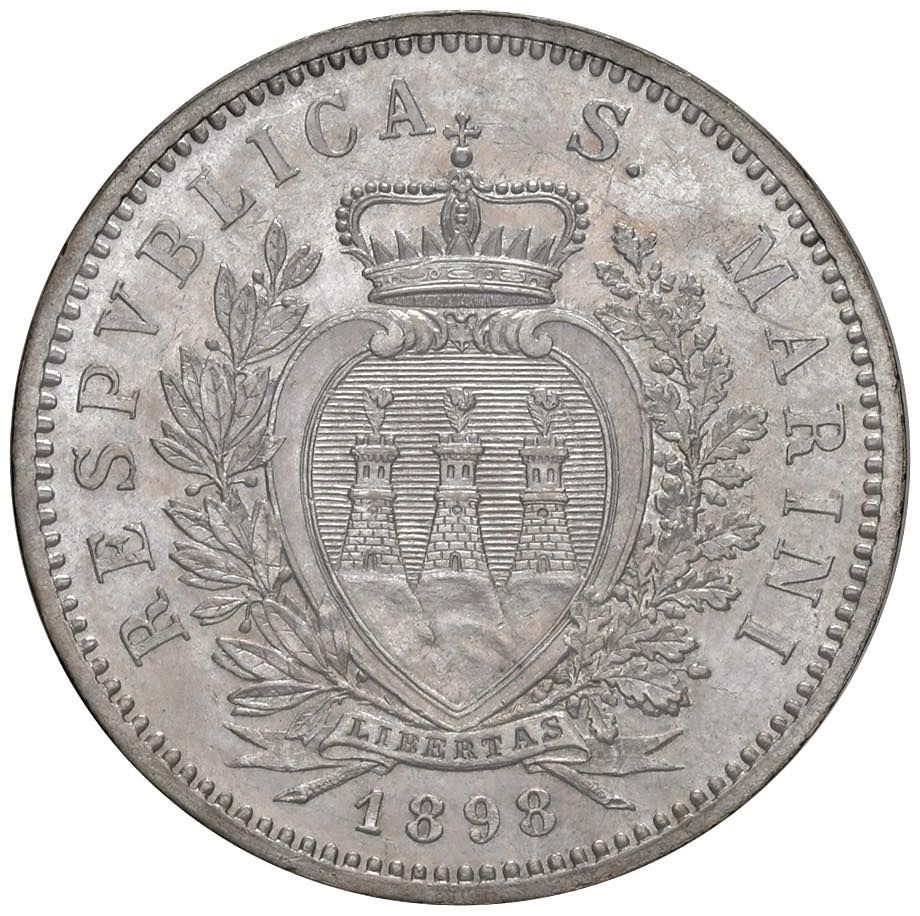 Foreign coins SAN MARINO Moneda antigua (1864-1938) 5 Lira 1898 - Gig. 17 AG R P&hellip;