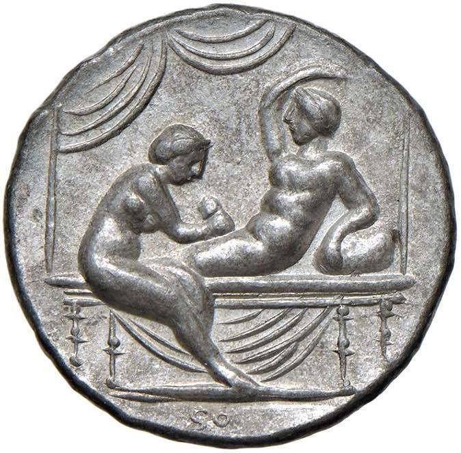Ancient coins RÖMISCHES EMPIRE Spintriae Nr. VIIII - Metall (g 3,71) Fälschung. &hellip;