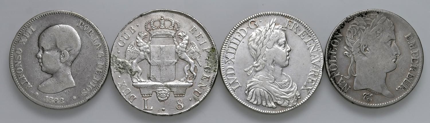 Lots 世界硬币 一批四枚银币：1796 年热那亚 8 里拉、1888 年西班牙 5 比塞塔、1651 年法国路易十四埃居和 1813 年法国拿破仑一世 5 &hellip;