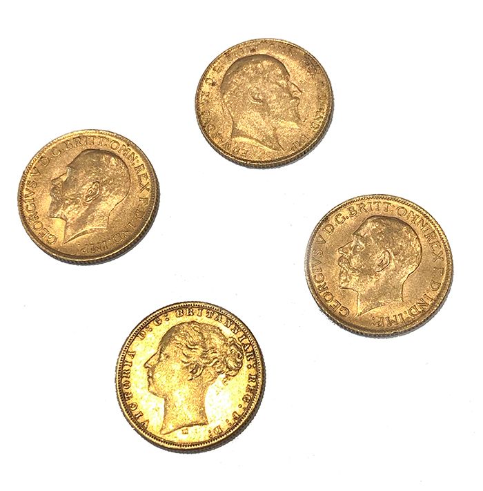 Null 4 monete d'oro sovrane. 1912 x 2, 1876, 1918. Peso lordo: 31,9 g