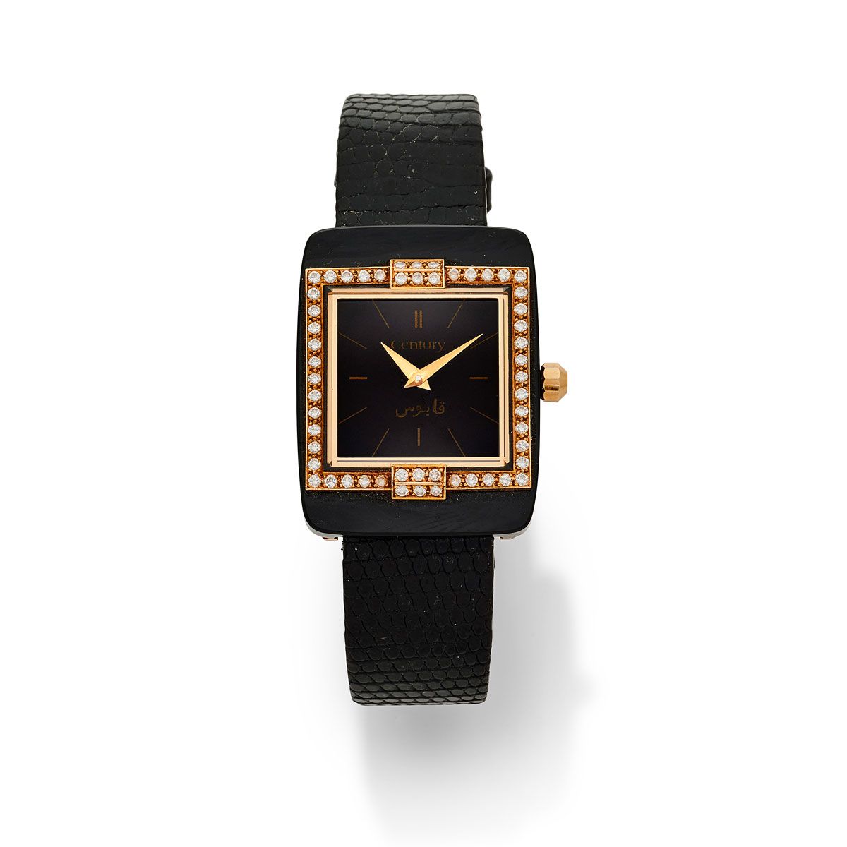 Null Century, um 1990.

Eine originelle rechteckige Uhr aus Gold und Onyx, mit D&hellip;