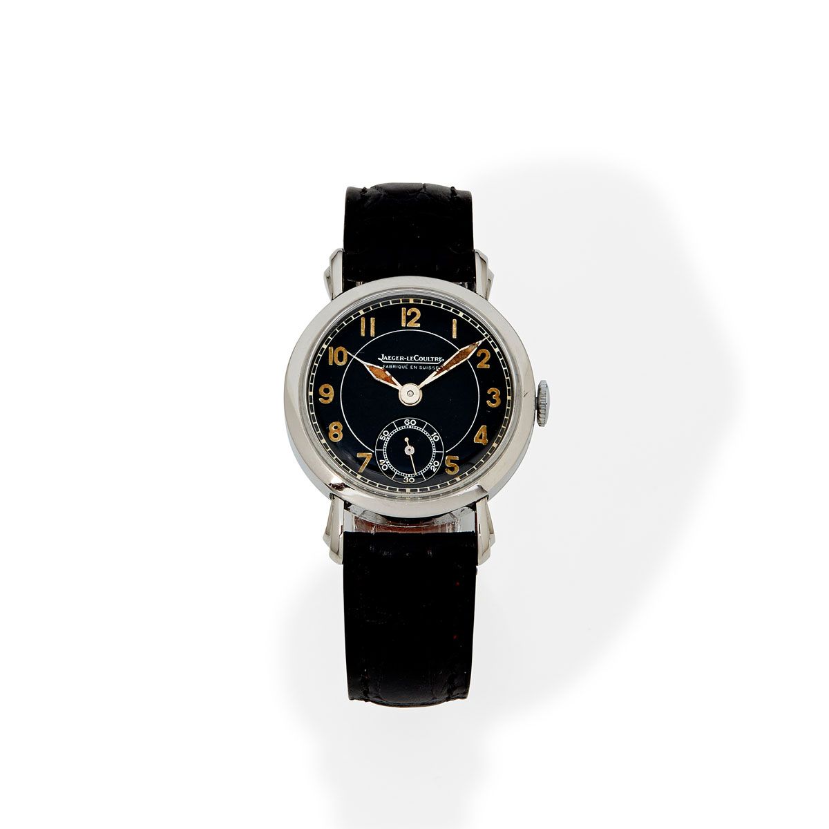 Null Jaeger-LeCoultre，编号156368，约1950年。

一款漂亮的中型钢表，风格化的手柄，一流的黑色漆面表盘，外部分钟轨道，夜光镀层指针&hellip;