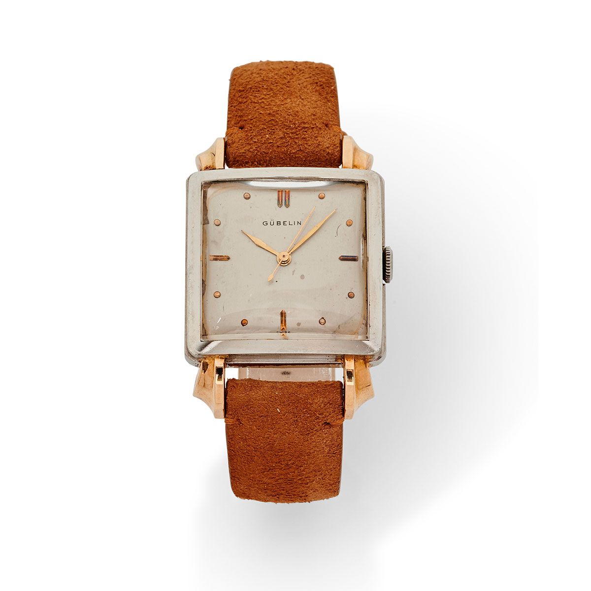 Null Gübelin, No. 128284, circa 1960.

A square steel watch, gold stylized handl&hellip;