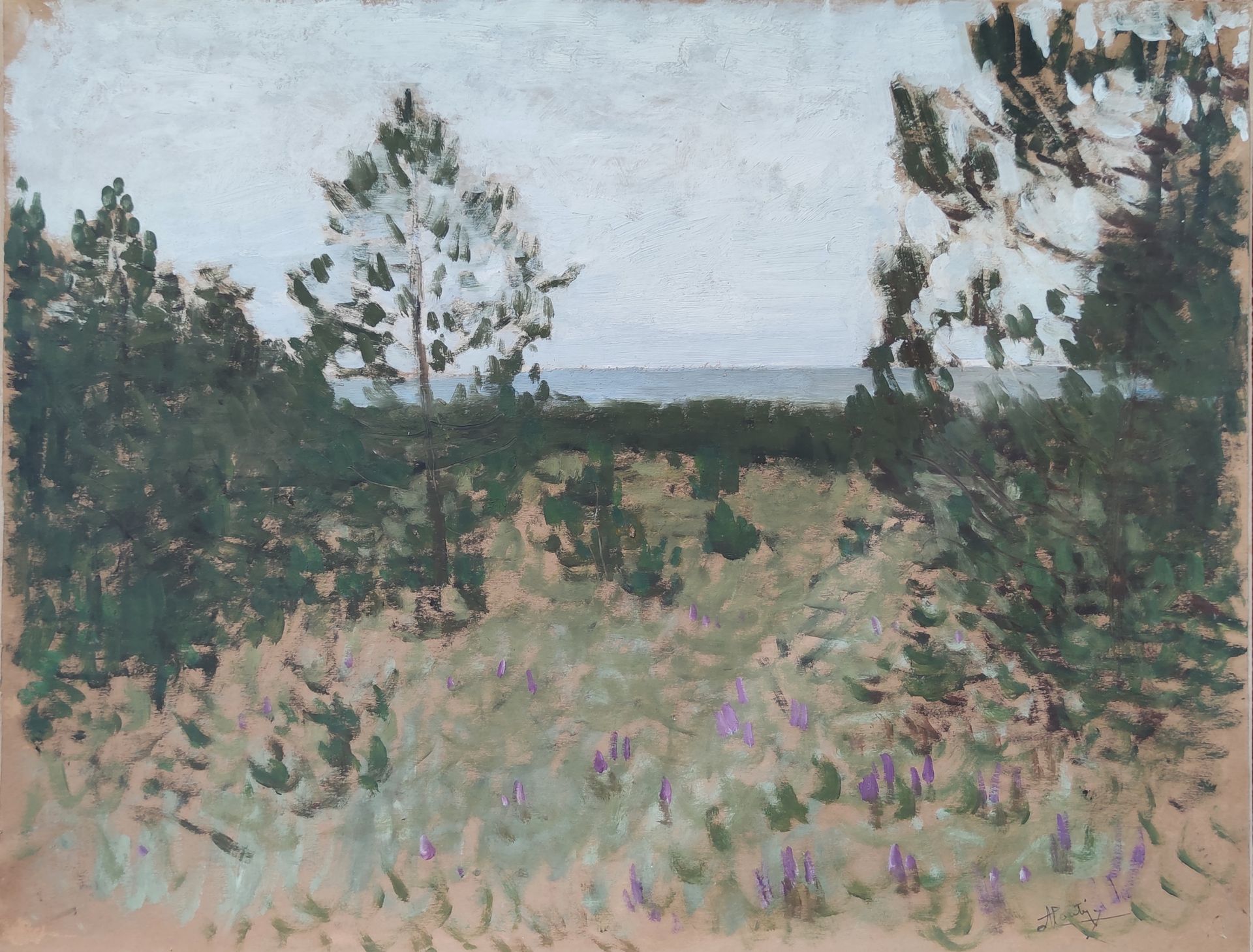 Null 皮埃尔-欧仁-蒙特赞(1874-1946)

"海边的松树 "研究

铺在纸板上的厚棕色纸上的油彩，右下角有签名 50 X 65厘米（纸的底部有小的撕&hellip;