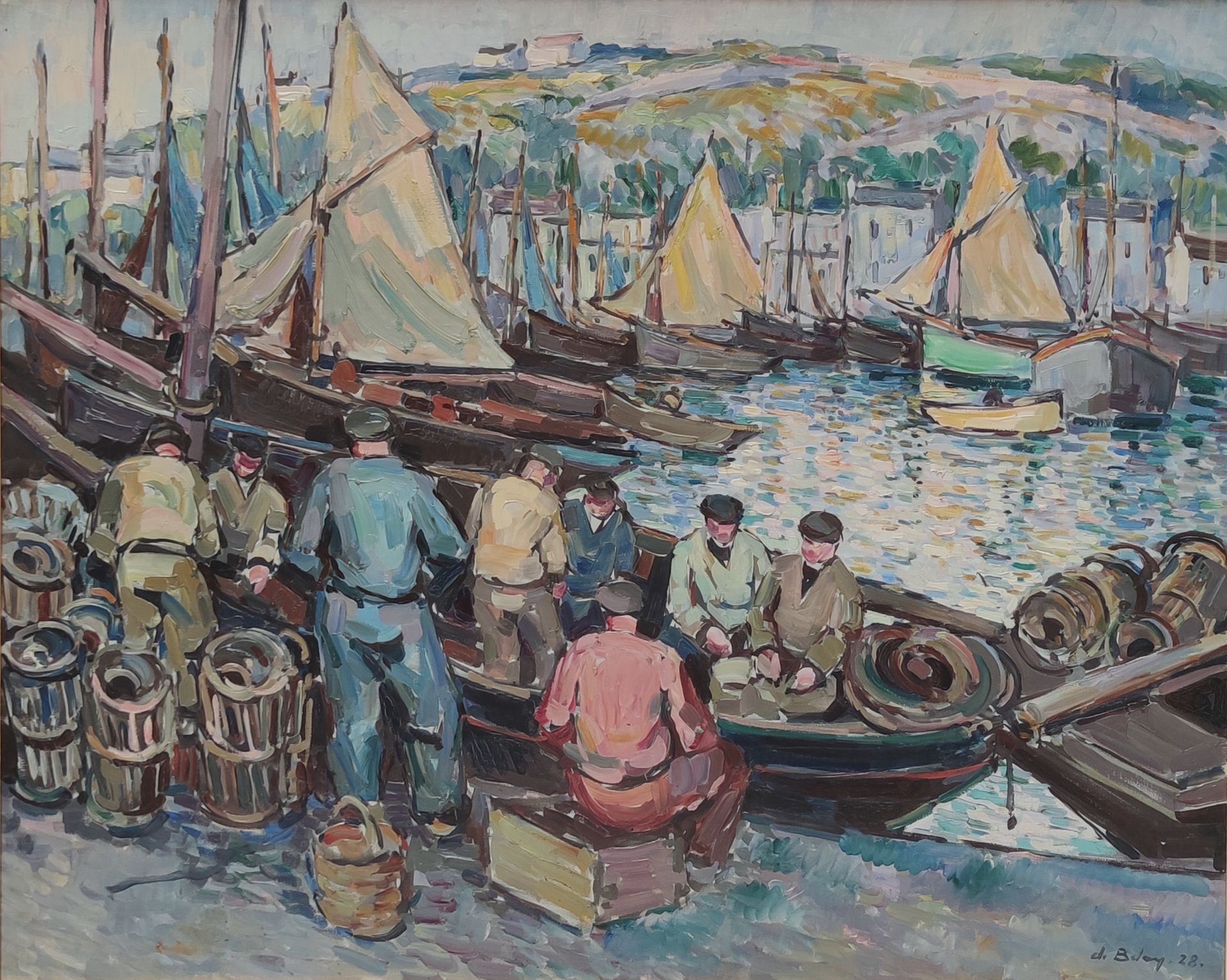 Null 皮埃尔-德-贝莱 (1890-1947)

布列塔尼港口的渔民和帆船，1928年

布面油画，右下方有签名和日期

81.5 x 100.5厘米

(&hellip;