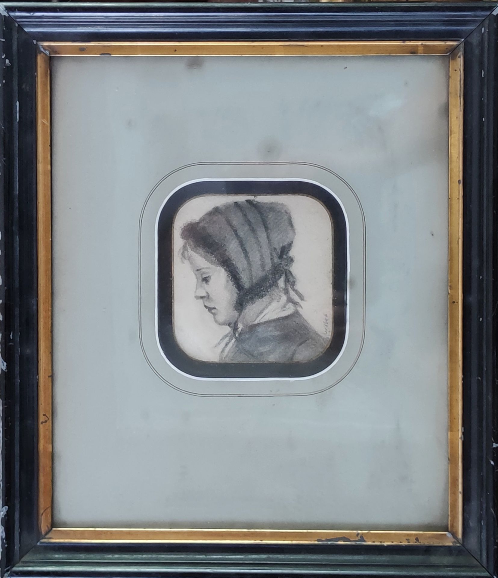 Null 19世纪法国学校

一个年轻女孩的画像

日期为1846年的图画，背面是水洗的房屋研究，10 X 10厘米