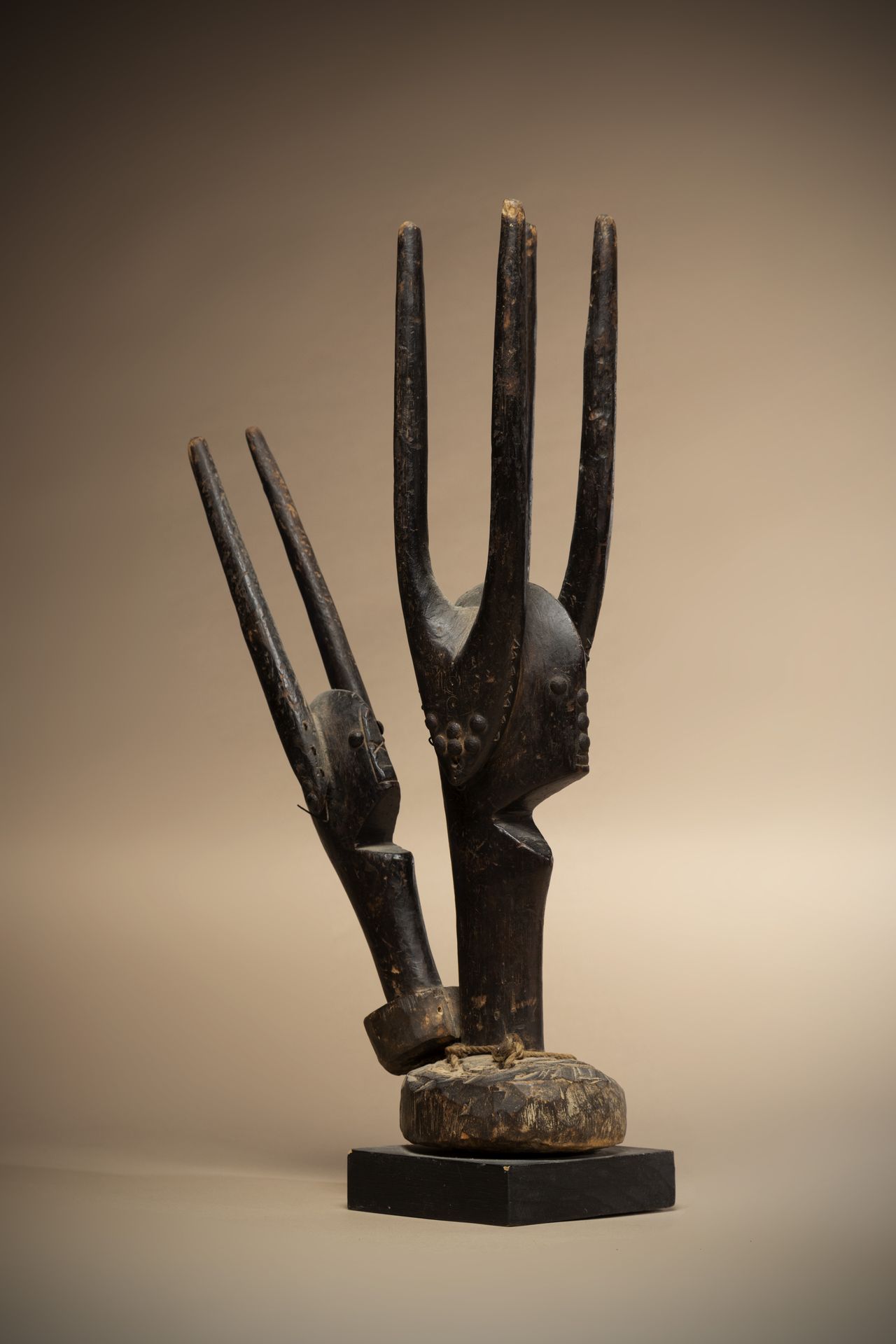 Null BAMBARA (马里)

这个非典型的蒂瓦拉舞蹈徽章被雕刻成两部分，由一根锻铁柱连接。

眼睛和装饰品是由装饰钉制成的。

前阿兰-普罗沃特收藏

&hellip;