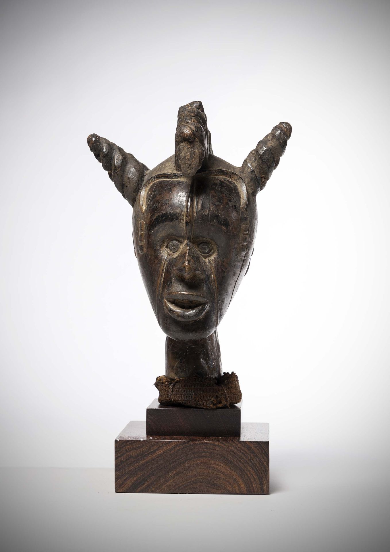 Null Idoma

(尼日利亚) 沉重的木头制成的舞蹈纹章，带有深棕色的铜锈，表现了一张年轻女孩的脸，上面有四条扭曲的辫子。

根据Francois Ney&hellip;