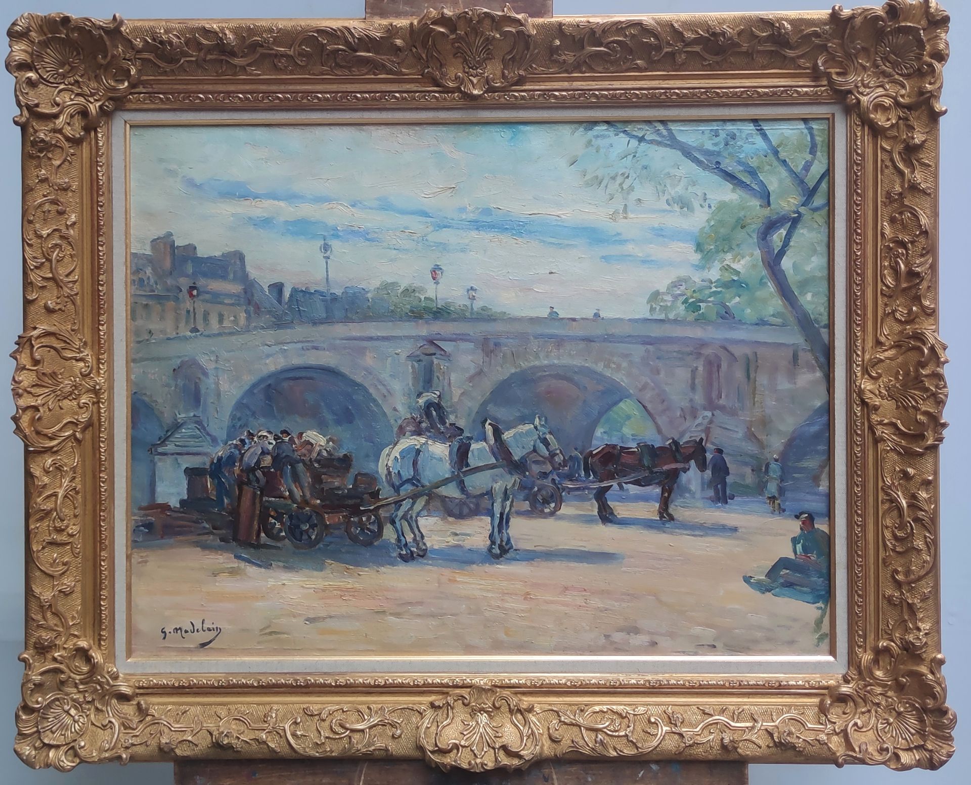 Null 
古斯塔夫-马德兰(1867-1944)

巴黎玛丽桥上的煤工马车

布面油画，左下角有签名

56 X 73厘米