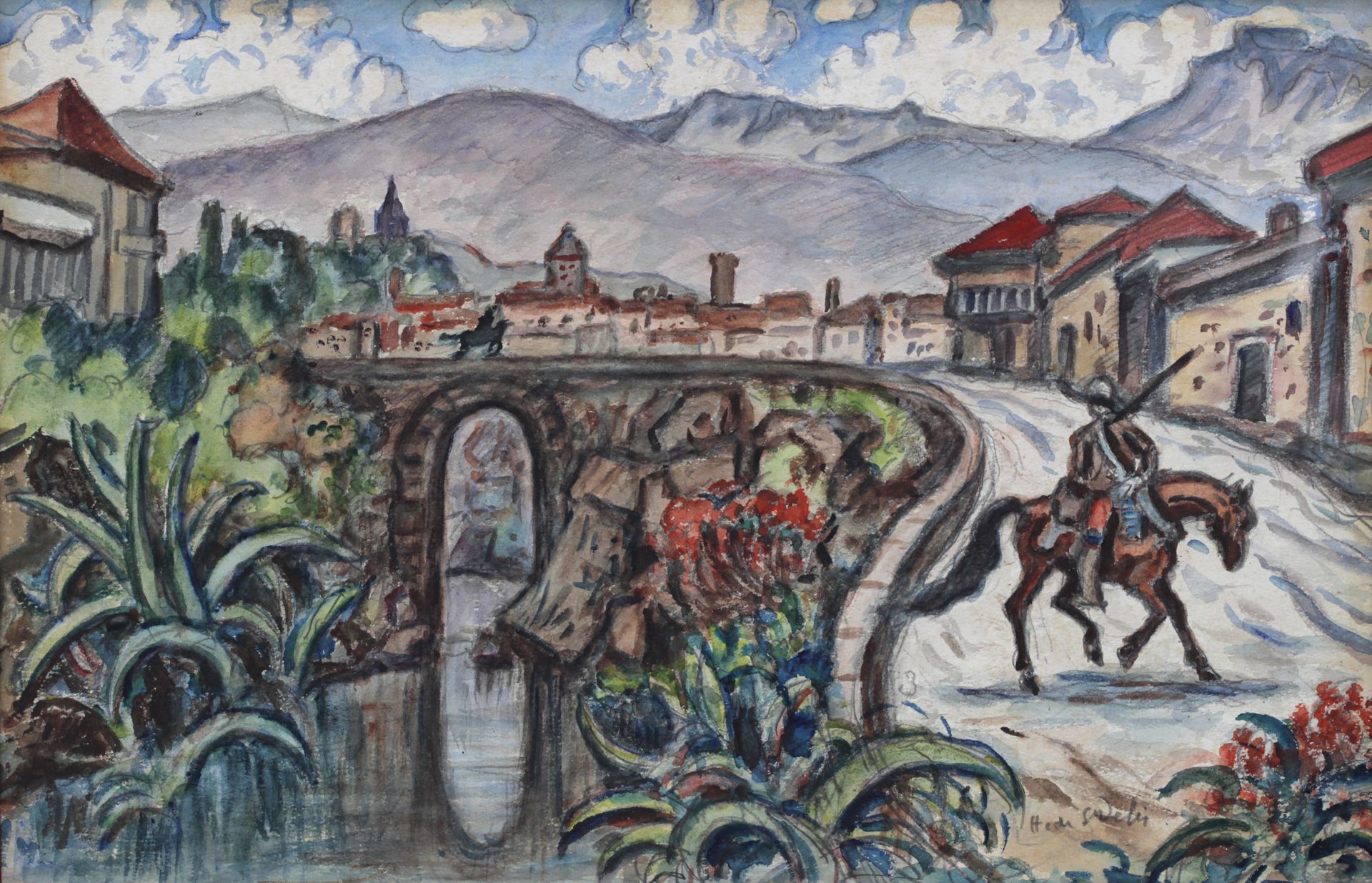 Null 
Henri Liénard DE SAINT-DELIS (1878-1949)

骑士们骑马穿过老城区

右下角有签名的水彩画：30 X 46.5&hellip;